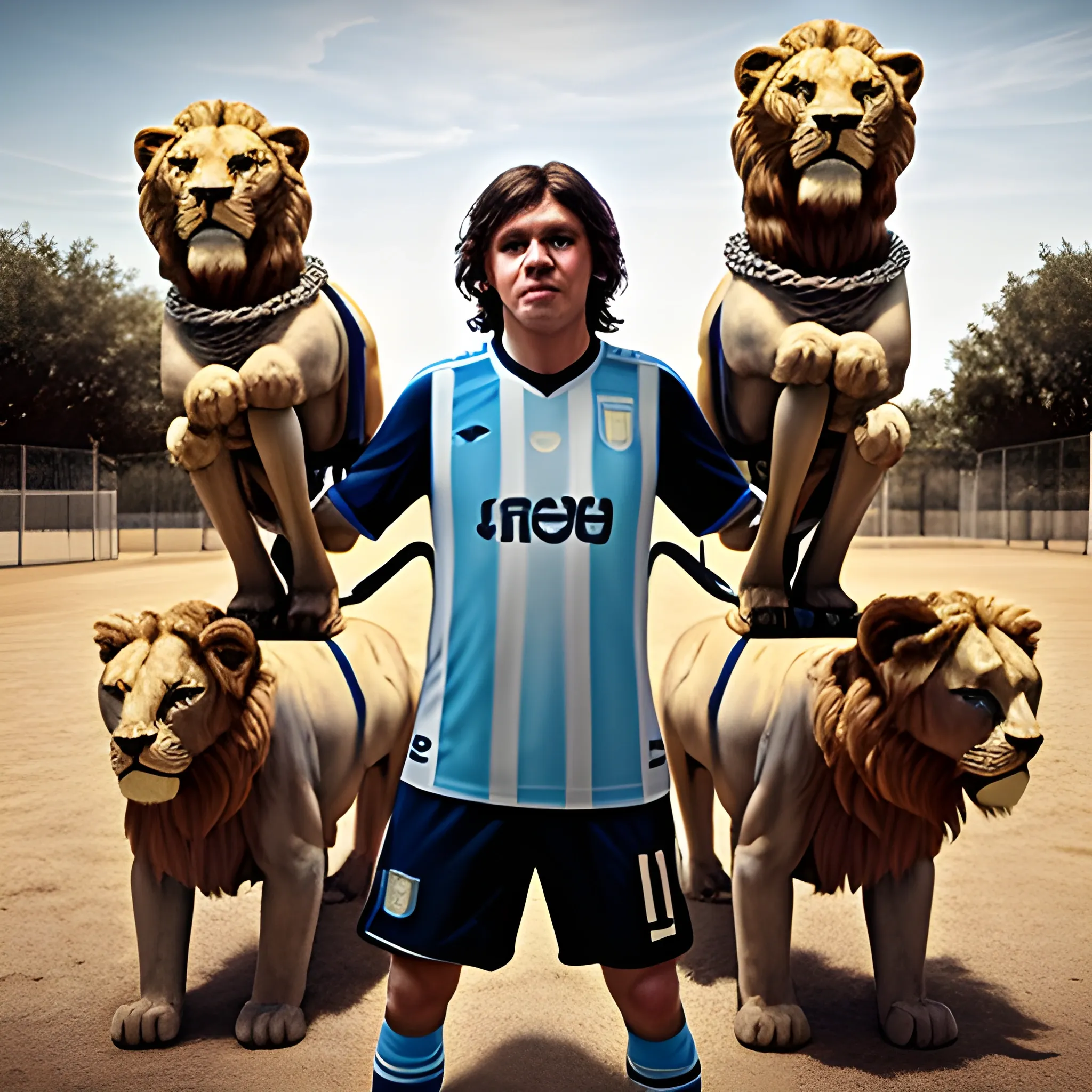 Javier Milei with the argentinean soccer jersey with a bunch of lions behind with bronken chains in their arms
, 3D