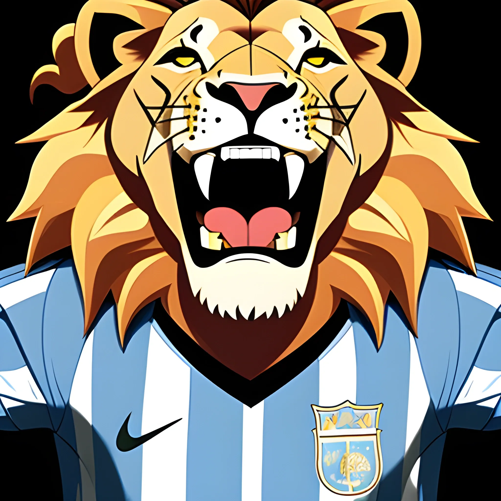 a lion  with the argentinian soccer jersey breaking his grilles with lions behind roaring , Cartoon