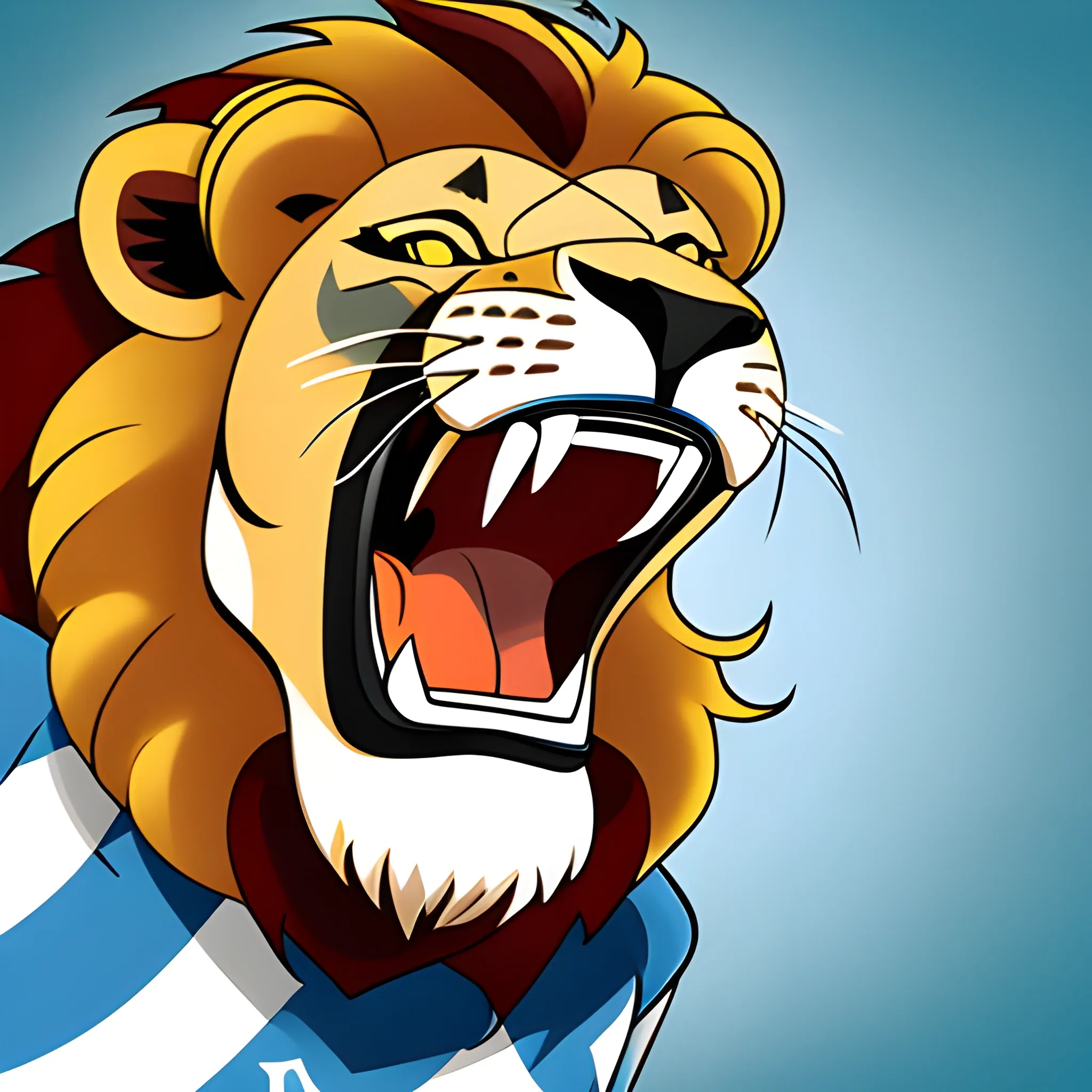 a lion  with the argentinian soccer jersey breaking his grilles with lions behind roaring , Cartoon