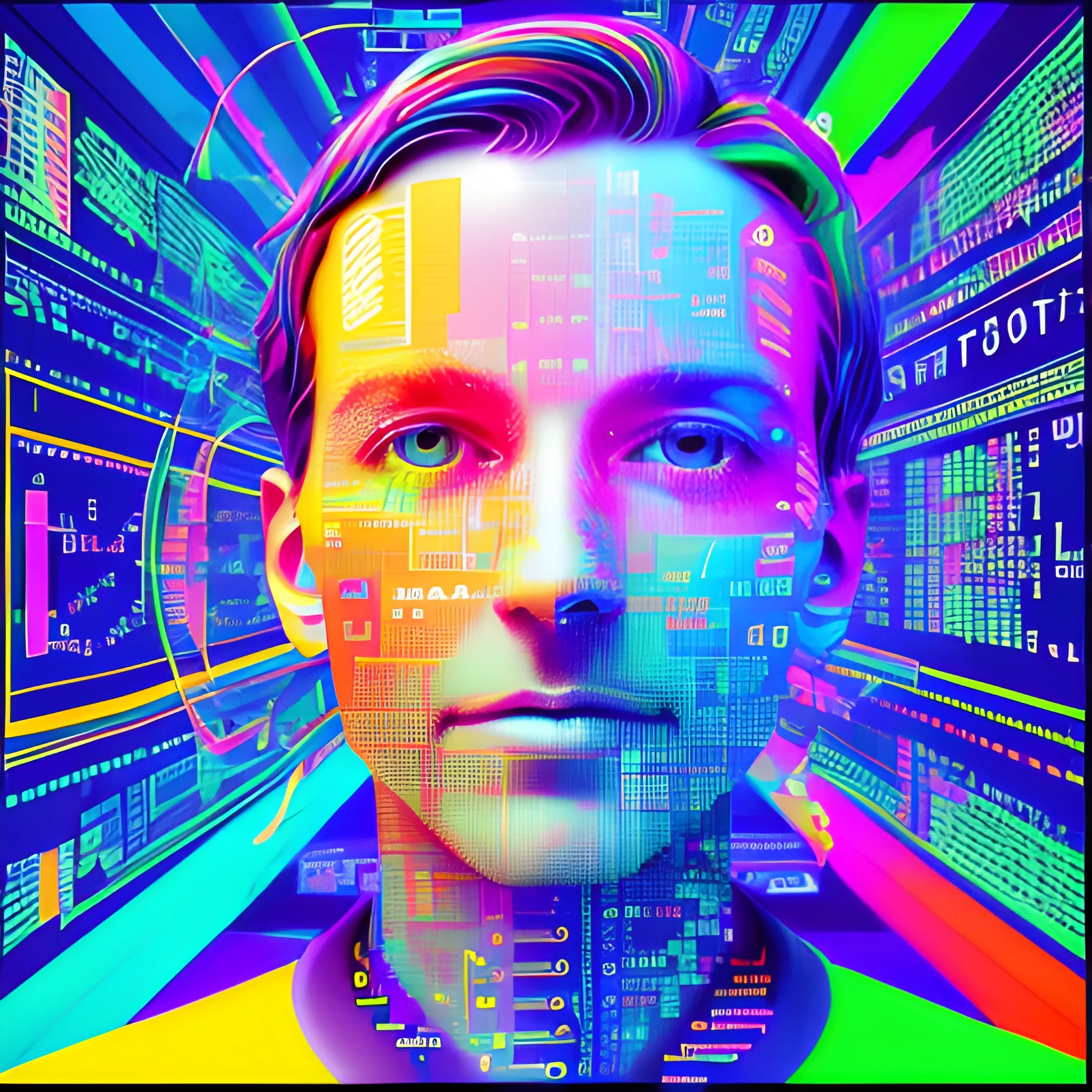 generate a corporative, future, colorful, modern image with big data, Trippy, related to digital products.