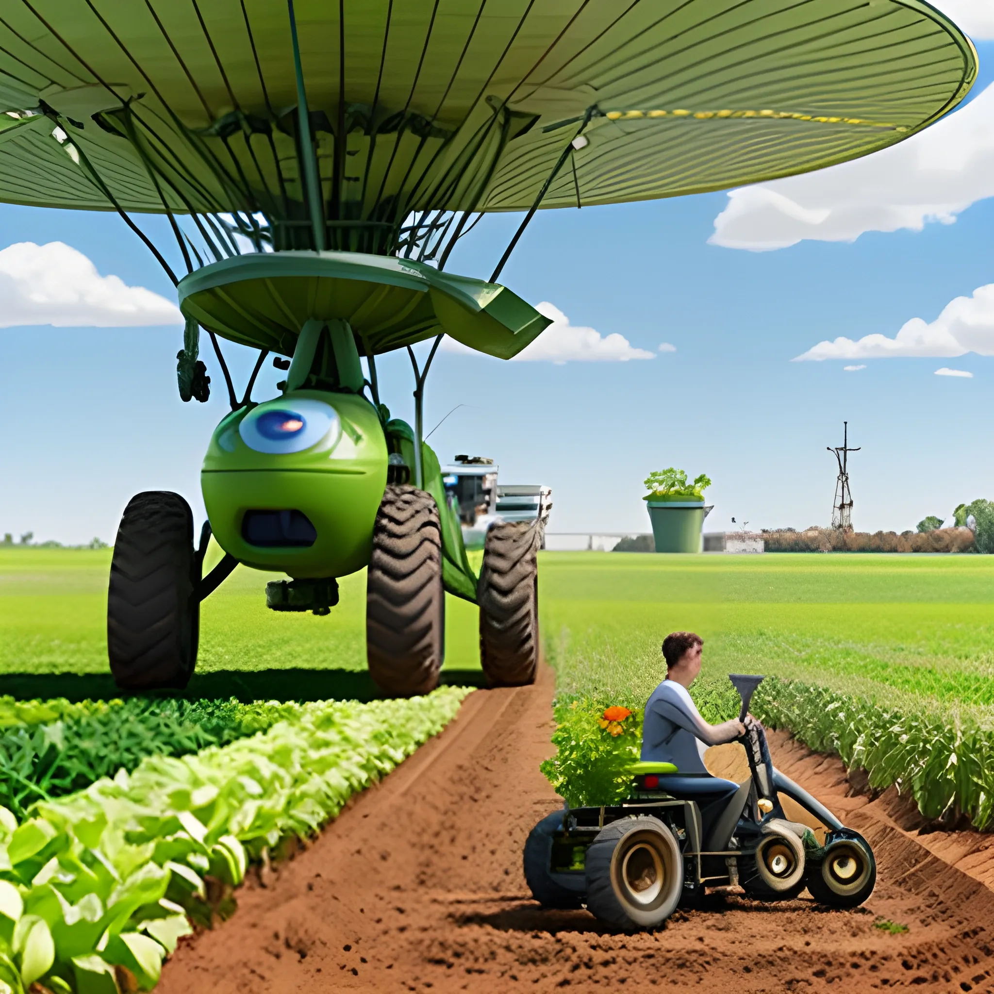 genera una imagen tipo disney pixar, en donde se vea a un joven estudiate de agronomia manejando un dron para el riego de una plantacion, acompañado de dos amigos
, 3D