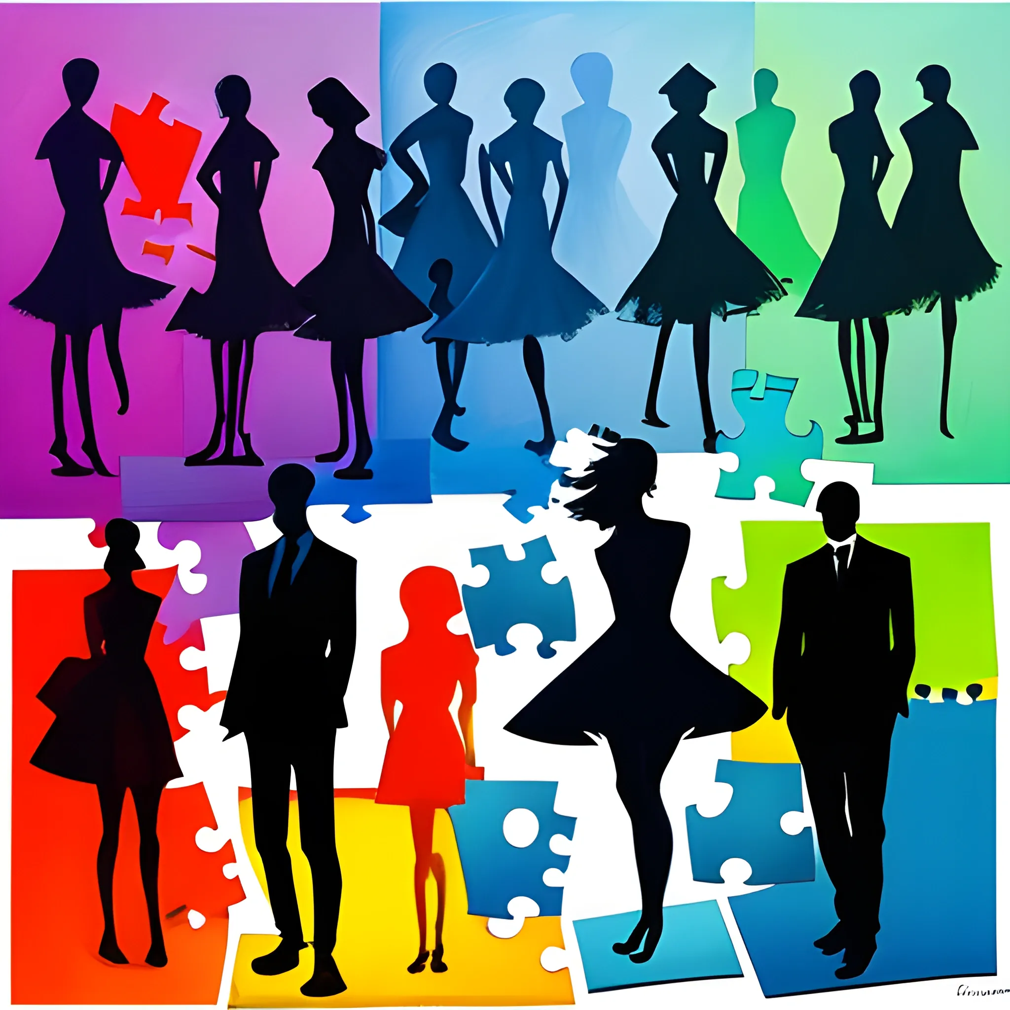 sketch, puzzle, several silhouttes of people, oil painting, bright colors