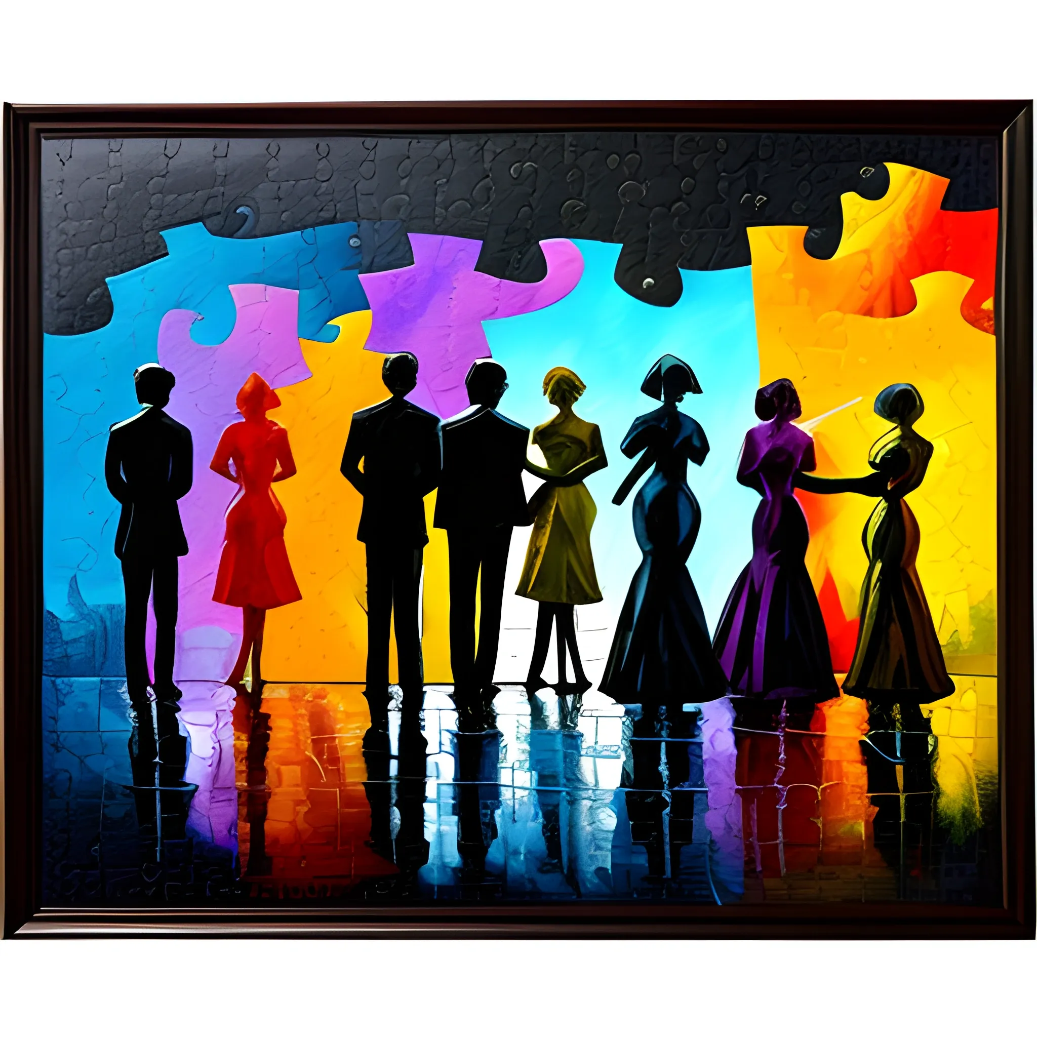 sketch, puzzle, several silhouttes of people embracing, oil painting, bright colors