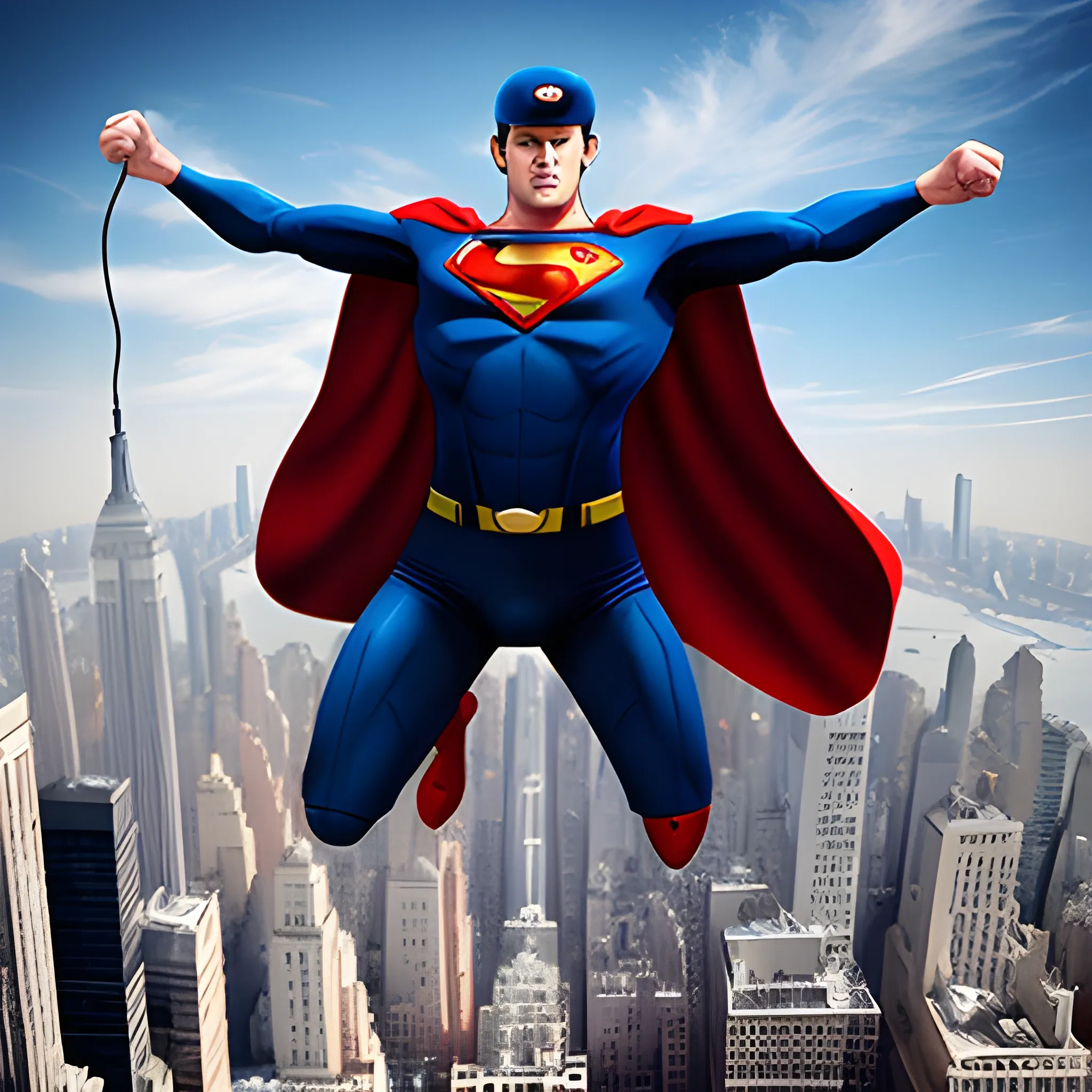 are you ready to fly back of man with cap and headphones 3d album cover superman jumping from new york skyline