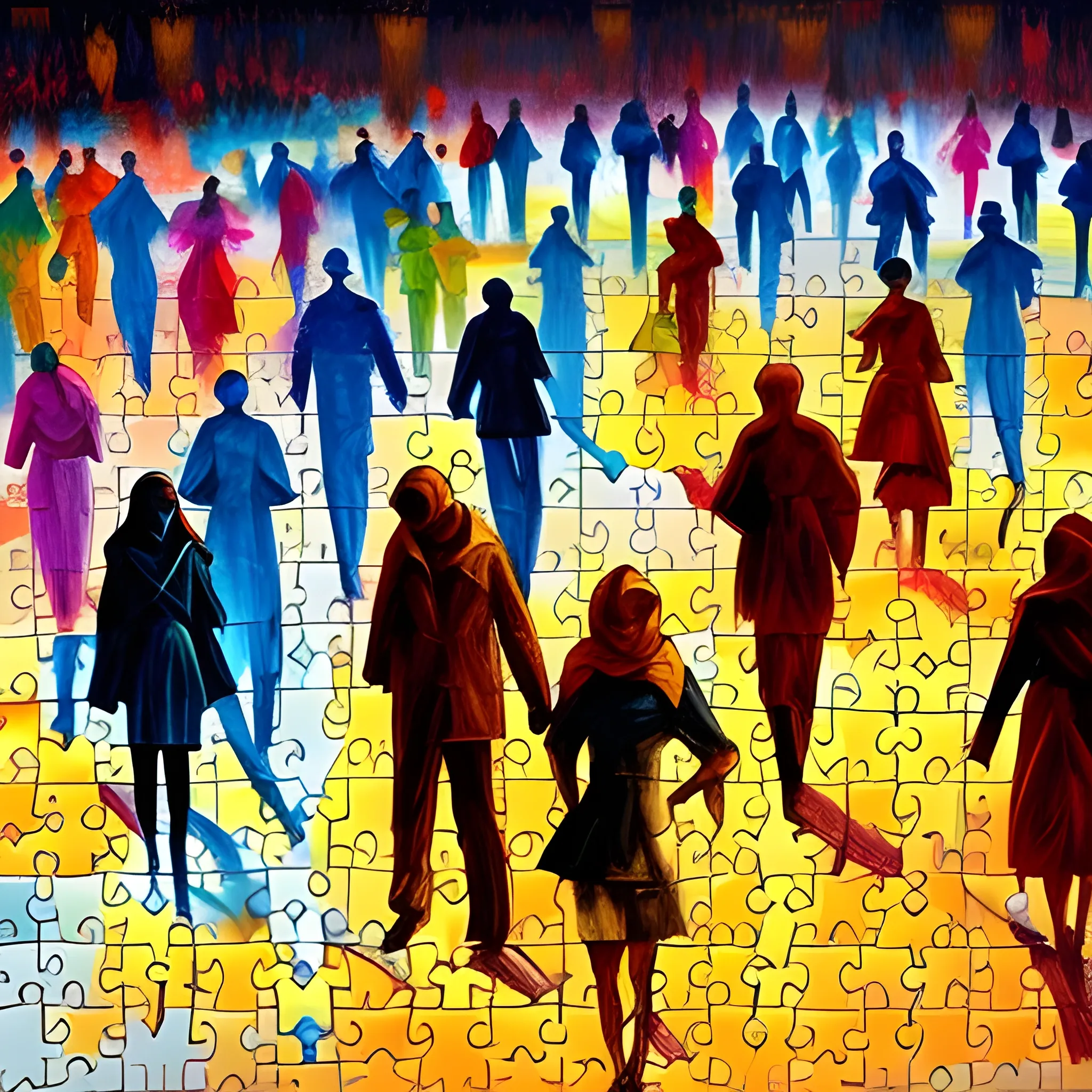 sketch, puzzle, several silhouttes of people higly detail, oil painting, bright colors, 