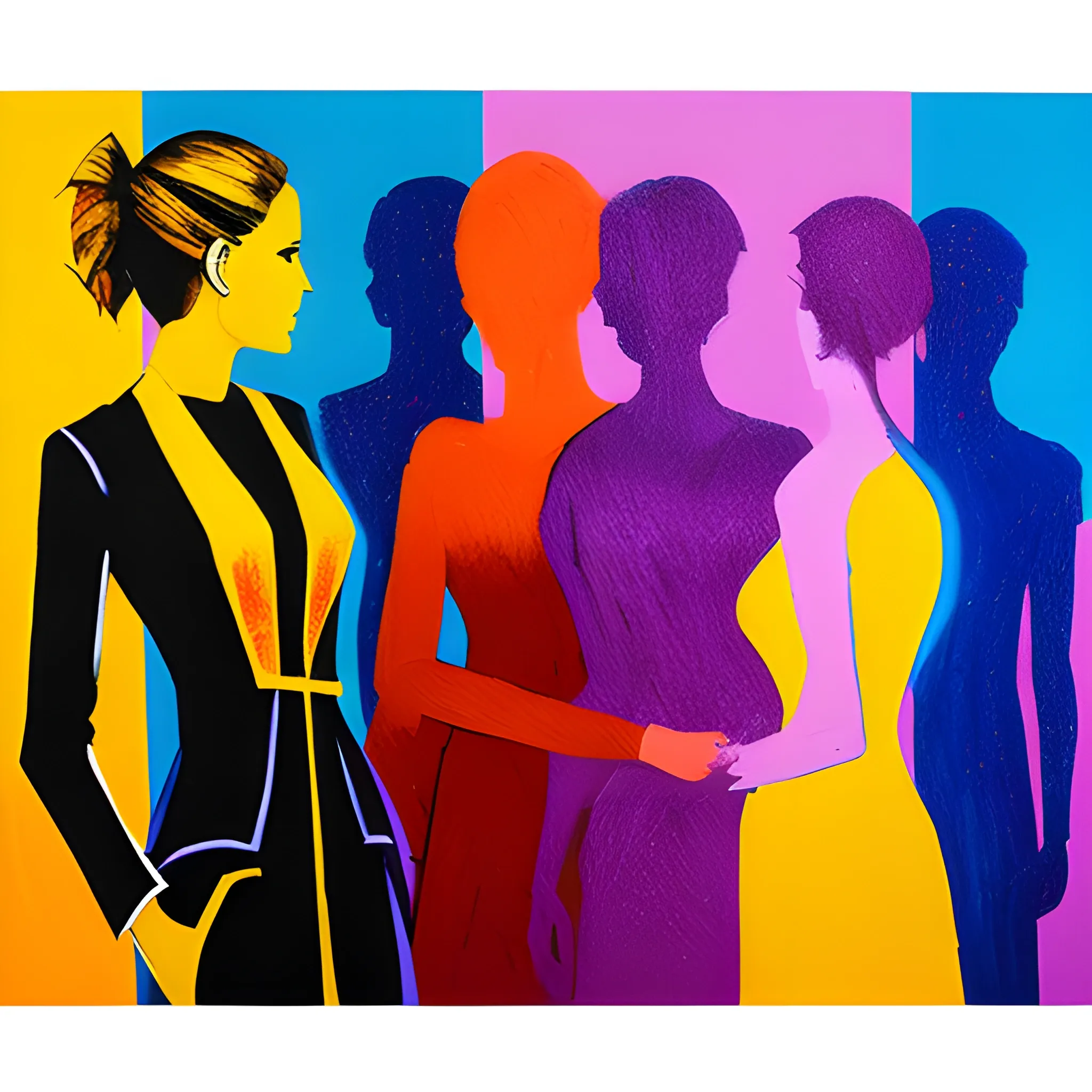 sketch, puzzle, several silhouttes of people talking higly detail, oil painting, bright colors, 