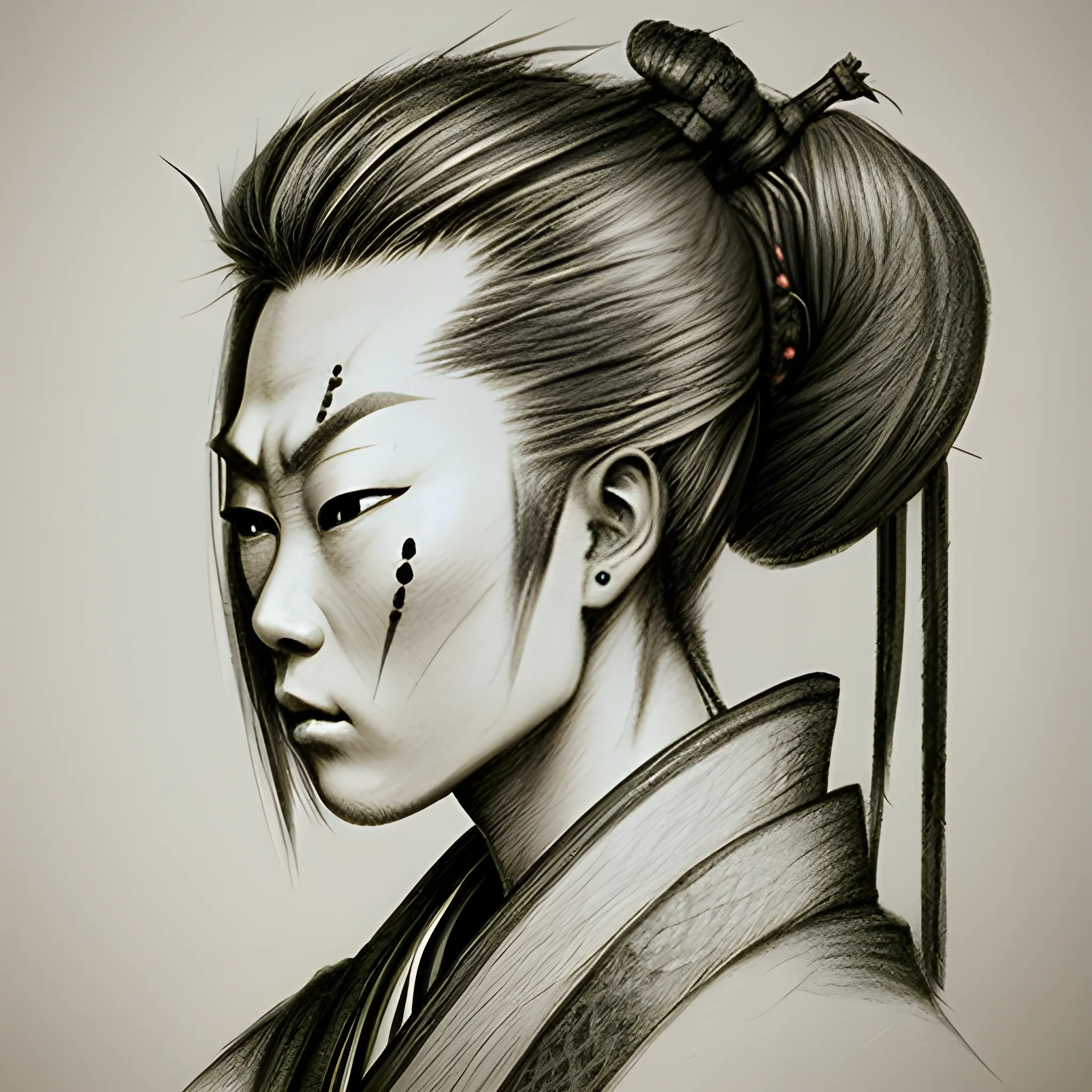 samurai,hair up ,sword , Pencil Sketch