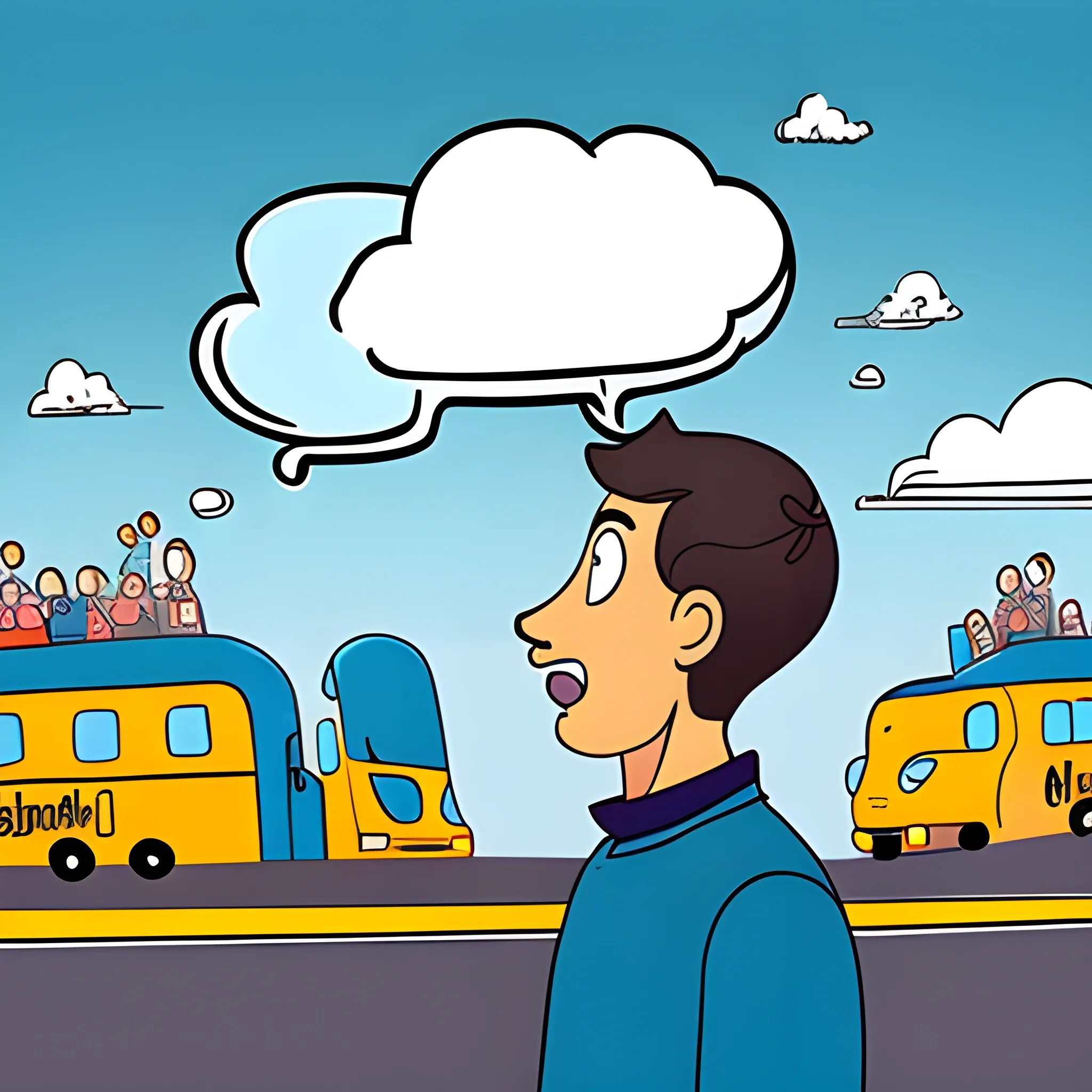 persona pensando con una nube de dialogo arriba de su cabeza que contenga un autobus, Cartoon