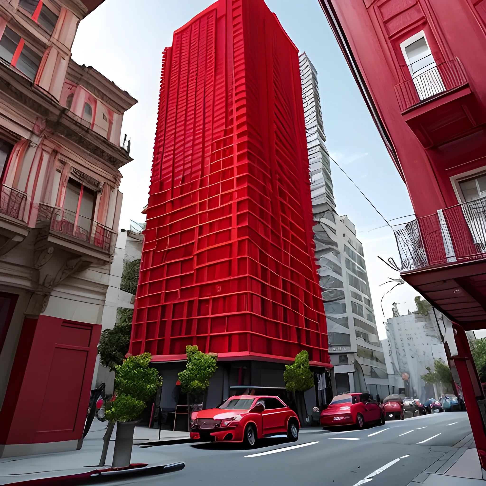 Crea la imagen de un chili muy rojo, más grande que un edificio de 10 pisos en posición vertical, como si estuviese avanzando por una calle, rodeado de edificios mucho mas pequeños que el chili, usas calidad fotografica, 4k y realista
