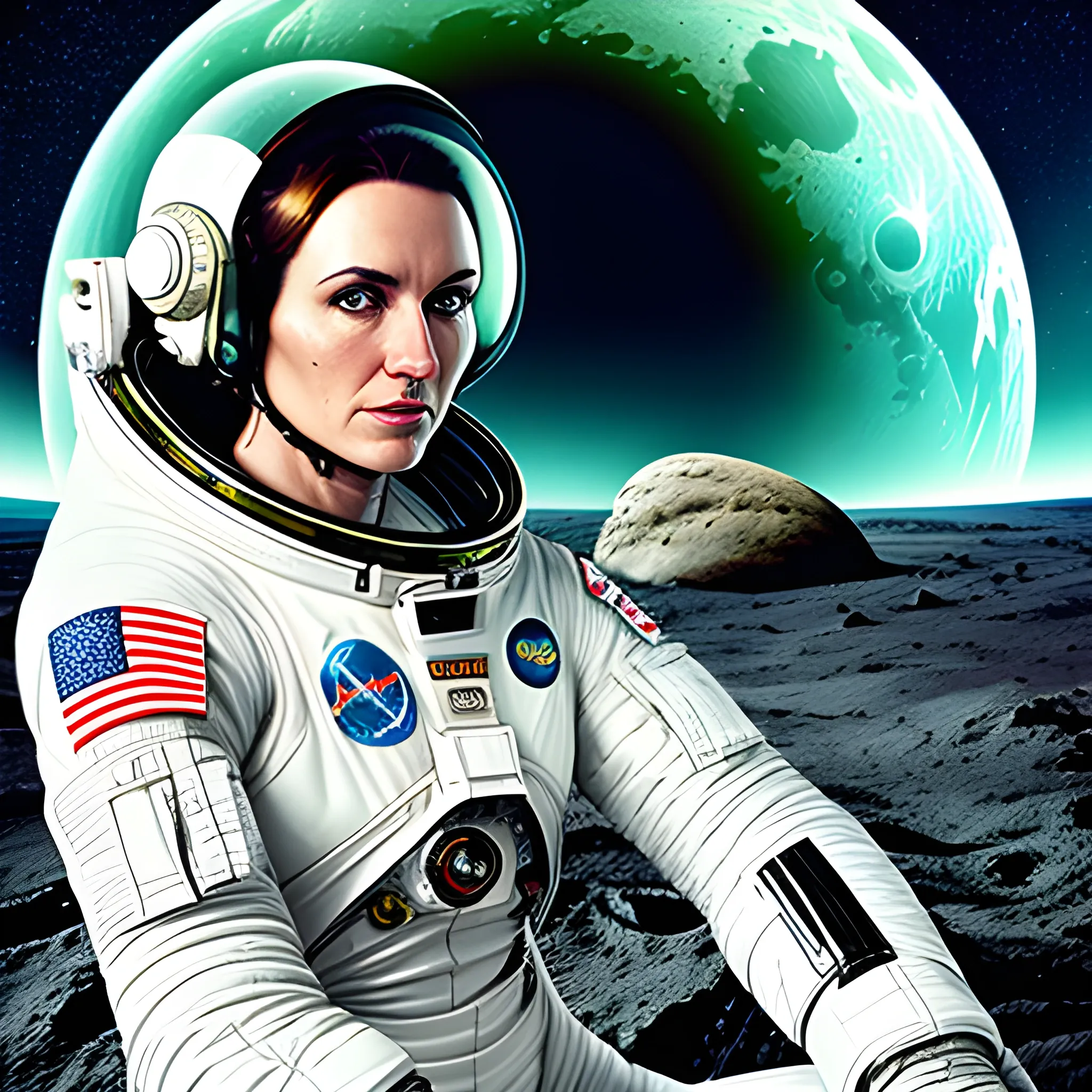 abstract digital art, white young girl 10 curly brown hair green eyes wearing spacesuit, sitting on a rock on the moon with planet earth in the background and stars, full body shot, full spacesuit, sharp, perspective, very detailed, higher realistic