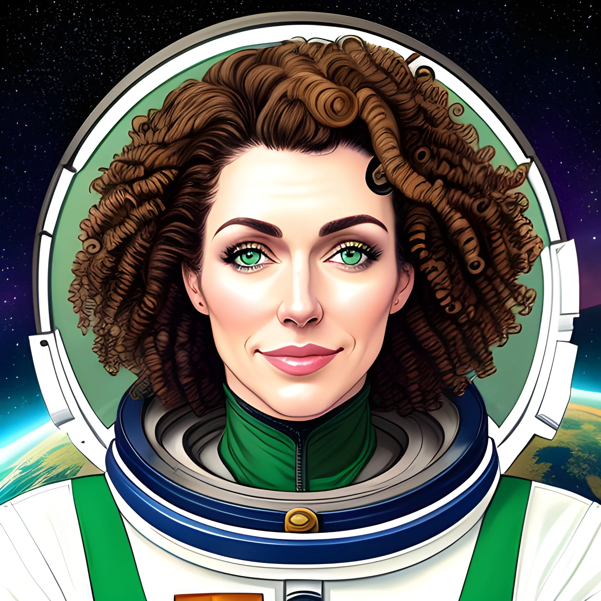 white young girl  curly brown hair green eyes wearing spacesuit, higher realistic