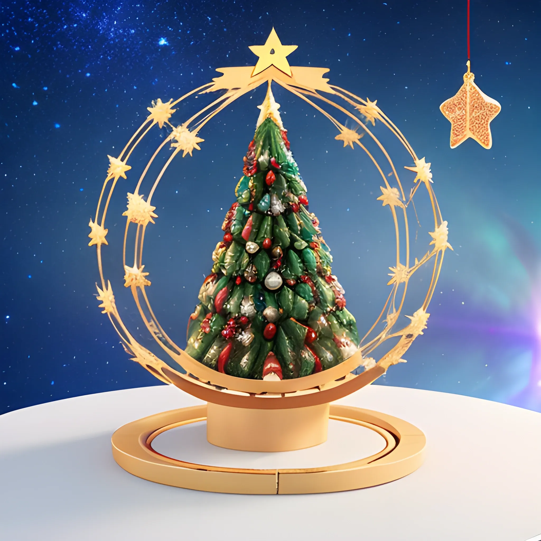 Un Árbol De Navidad Desde La Base Hasta La Parte Superior, Tiene Bolas, Una Estrella En La Parte Superior, Regalos Y Varios Adornos Y Luces, 3D