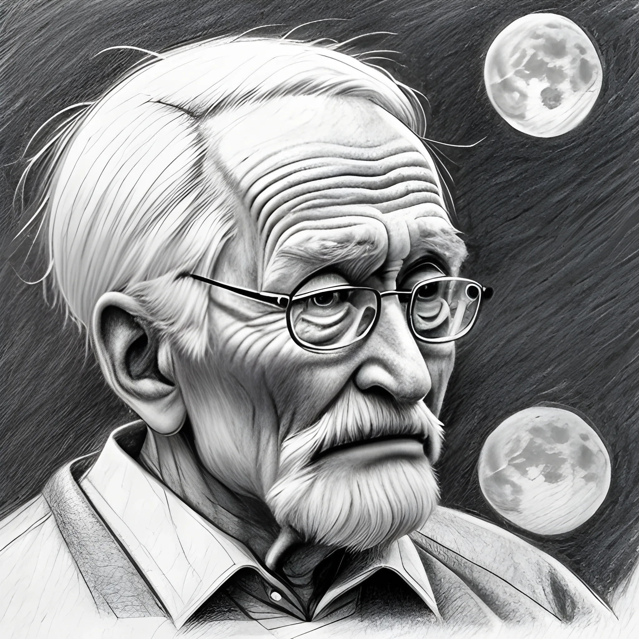 , Pencil Sketch, old man, moon