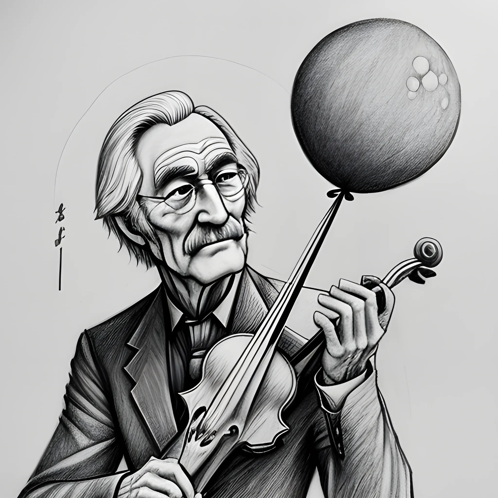 , Pencil Sketch, old man, moon, far away a boy like 8 years plaiyng with a balloon, violin song