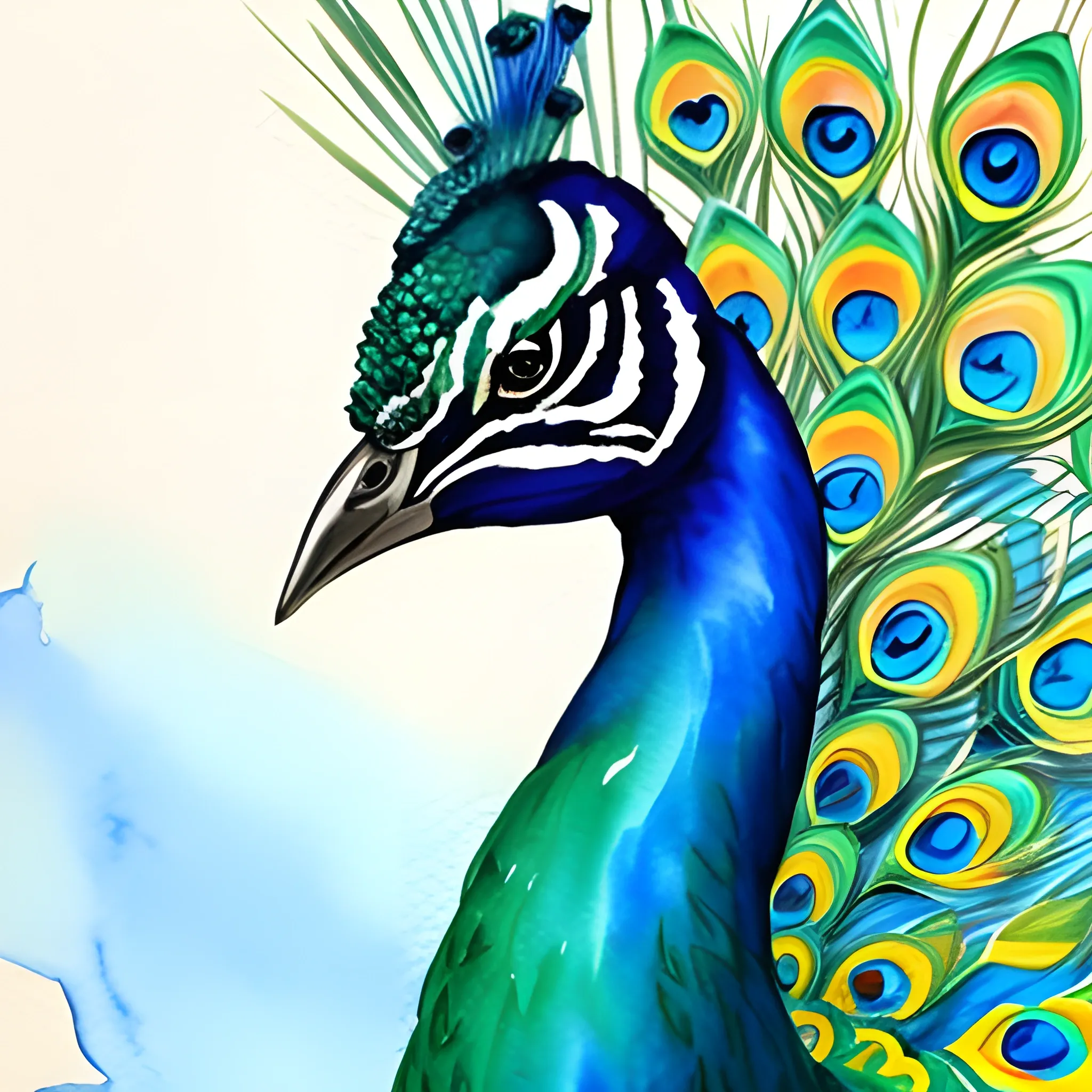 , Water Color, a big male peacock very colorful 