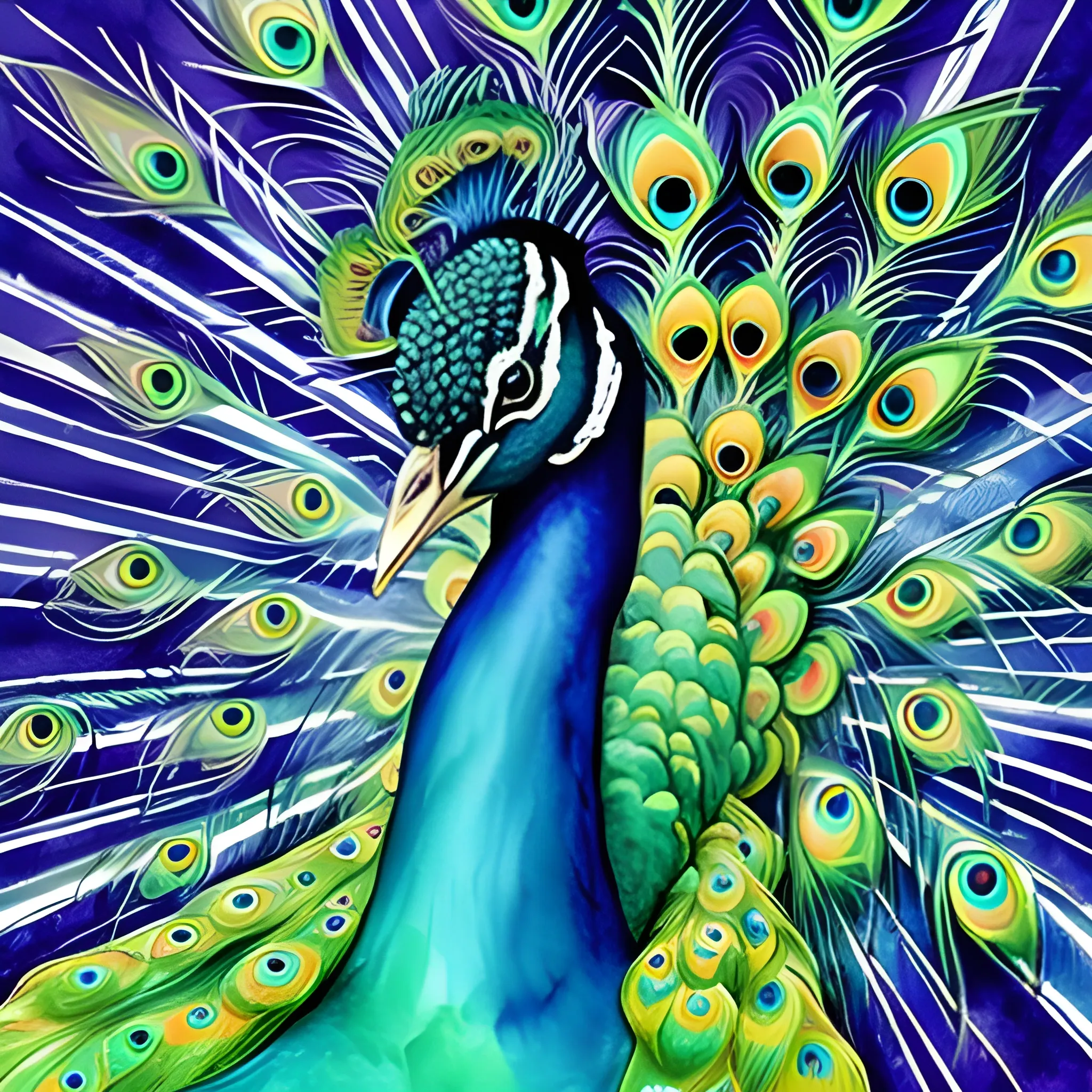 , Water Color, a big male peacock very colorful , moon