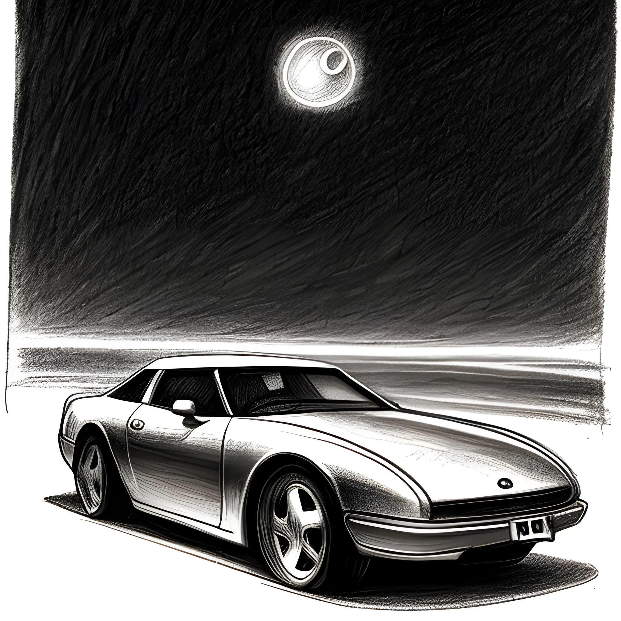 , Pencil Sketch a man looking the moon in the night, car, road dog