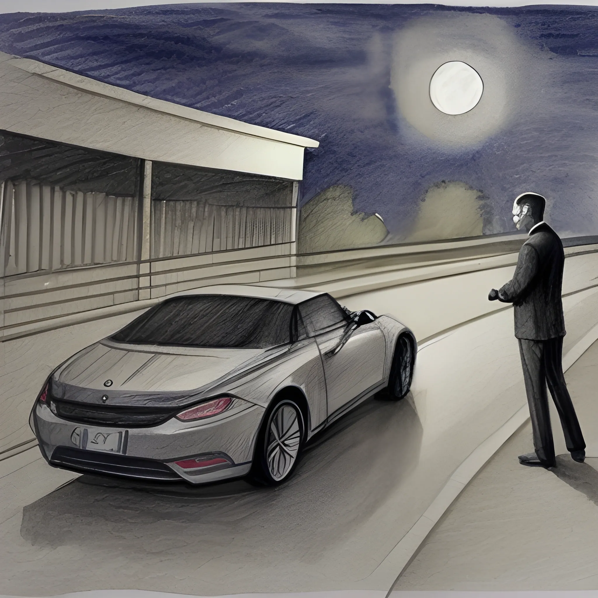 , Pencil Sketch a man looking the moon in the night, car, road, Water Color