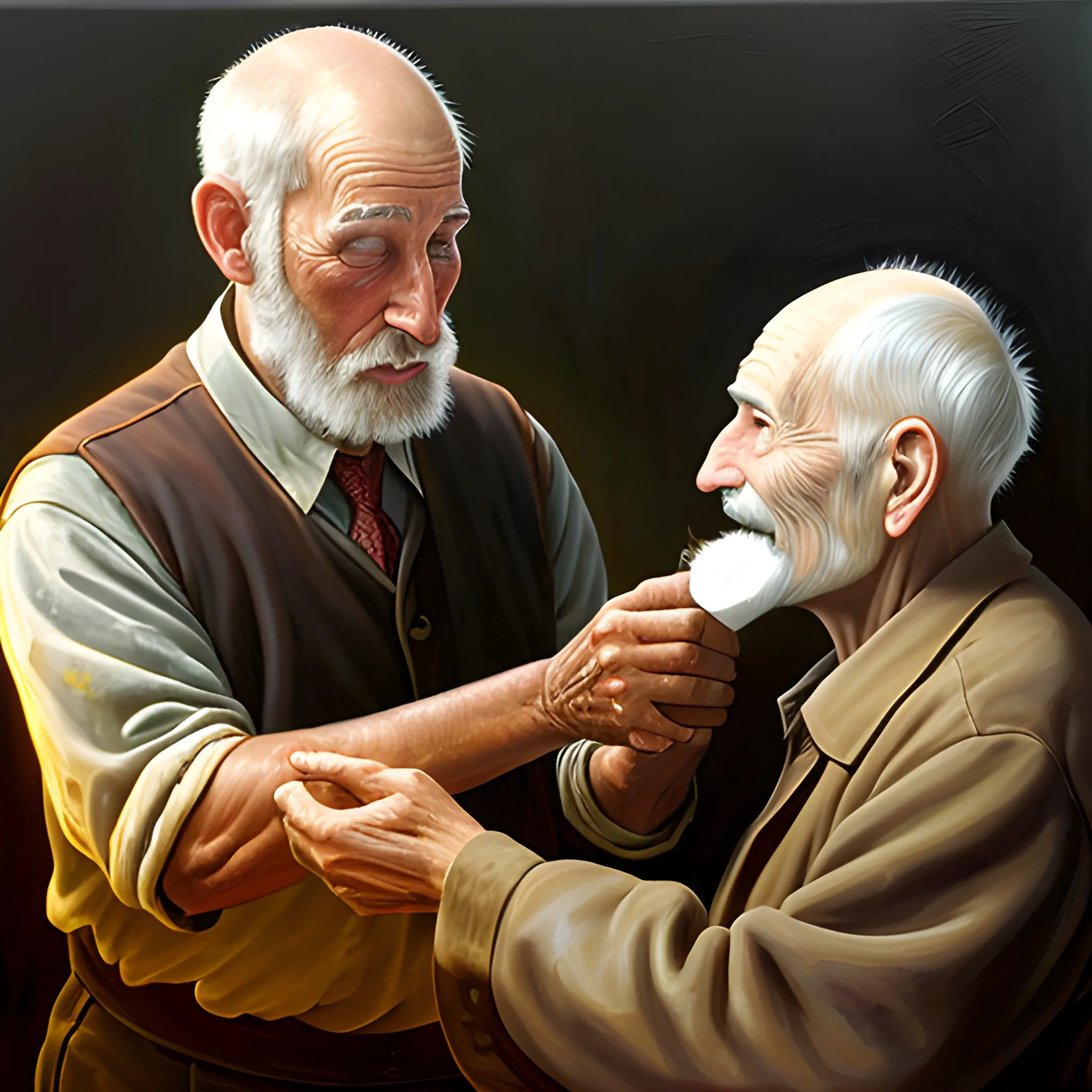 , Oil Painting a man of 33 years old giving to an old man from hand to hand a big light