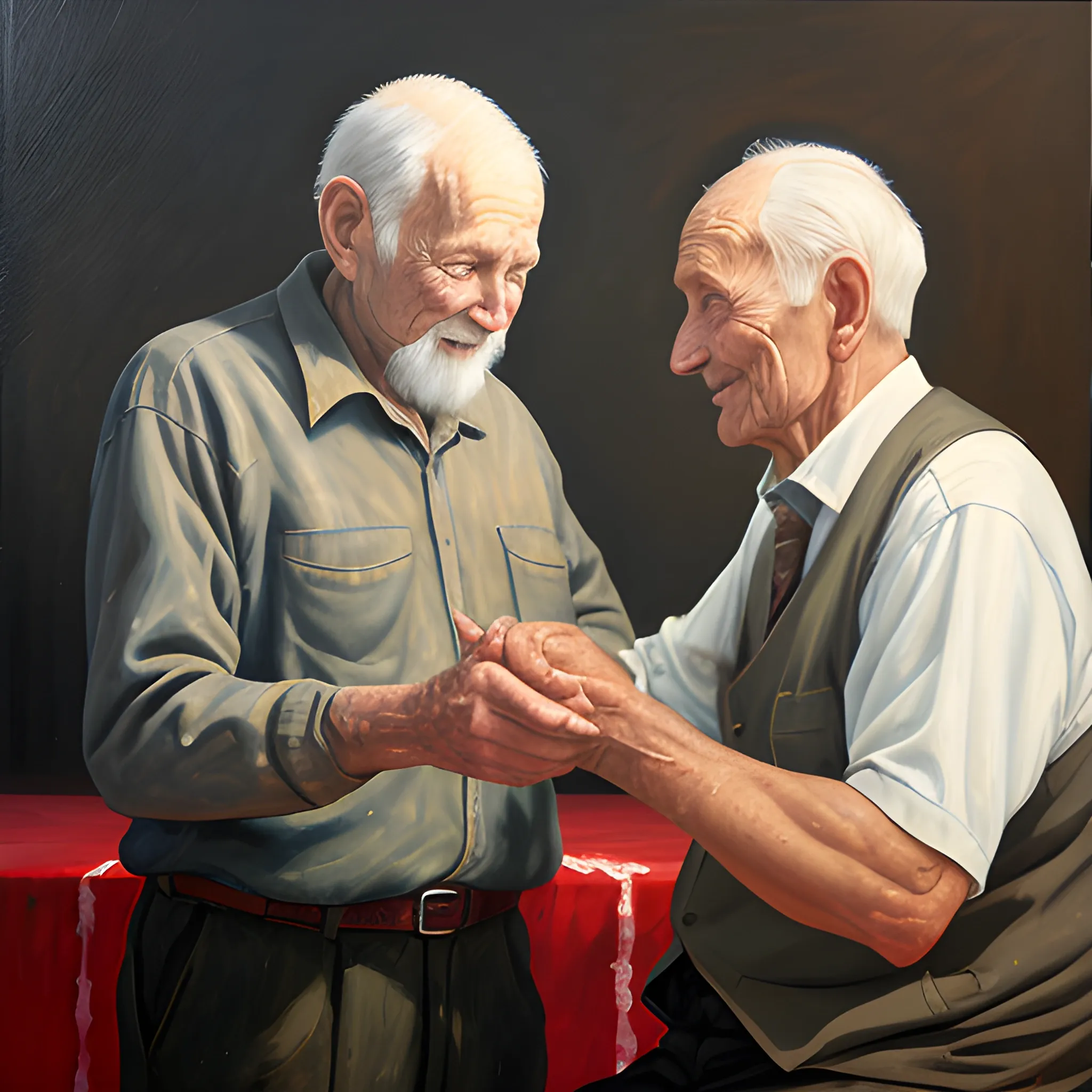 , Oil Painting a man of 33 years old sharing to an old man of 80 years old from hand to hand a big light