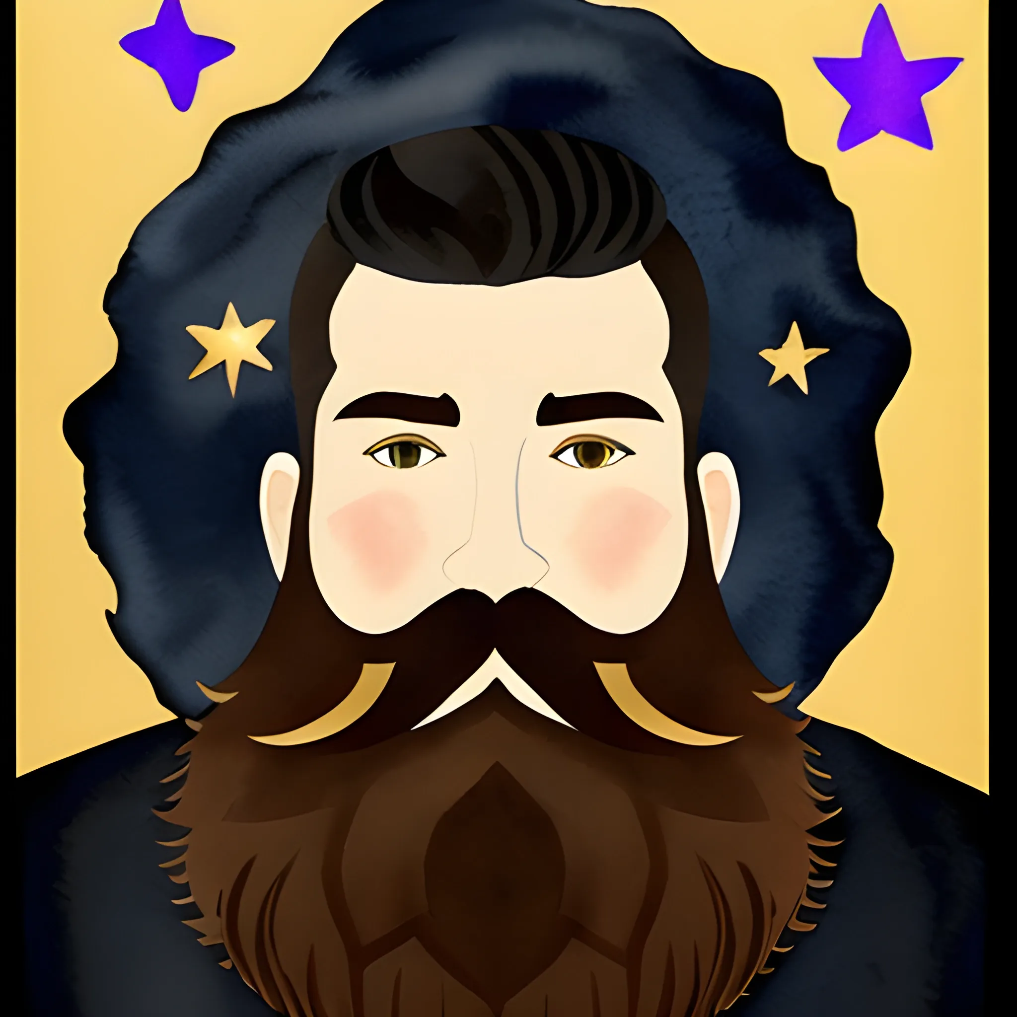 , Water Color man, star, color black and golden river big beard