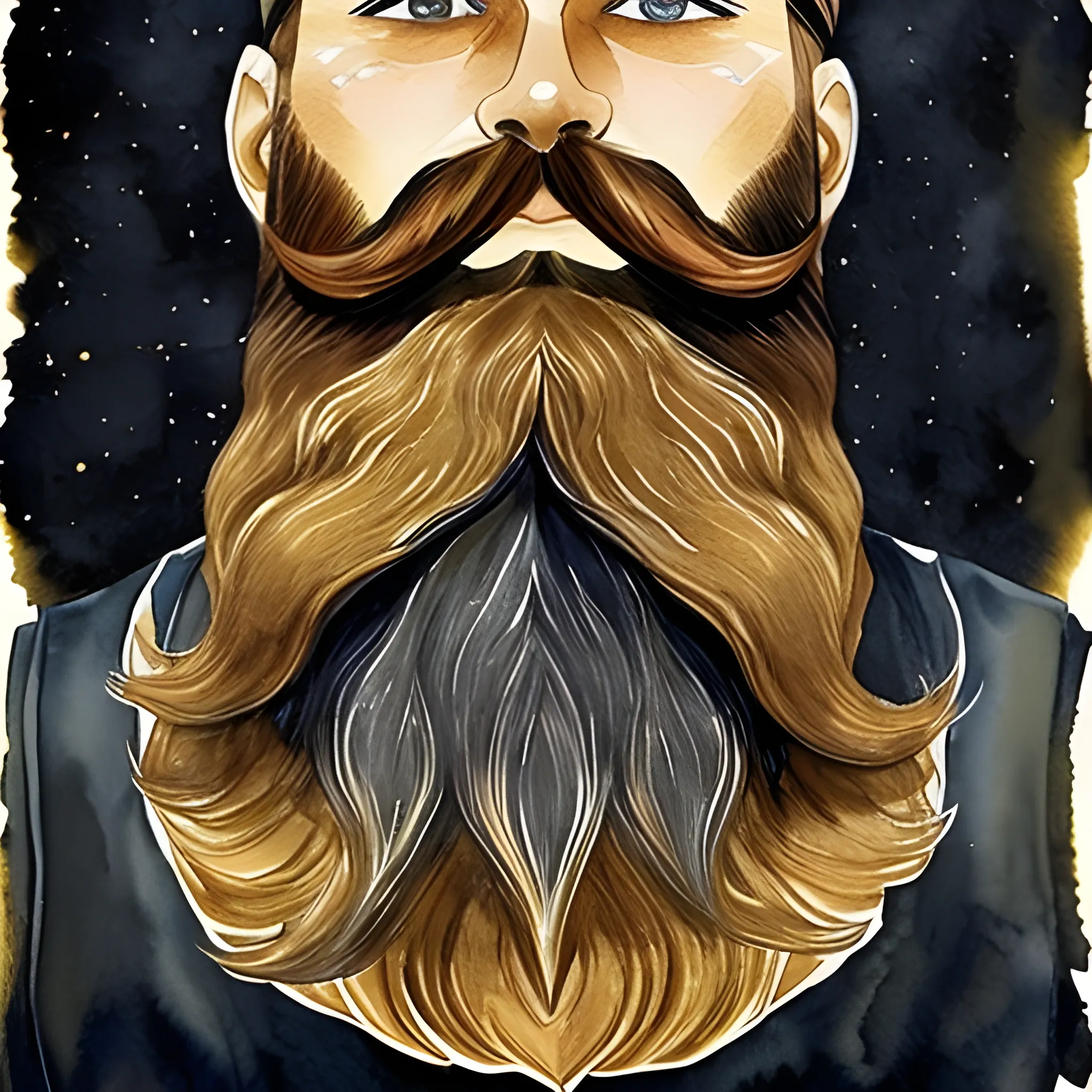 , Water Color man, star, color black and golden river big beard, universe