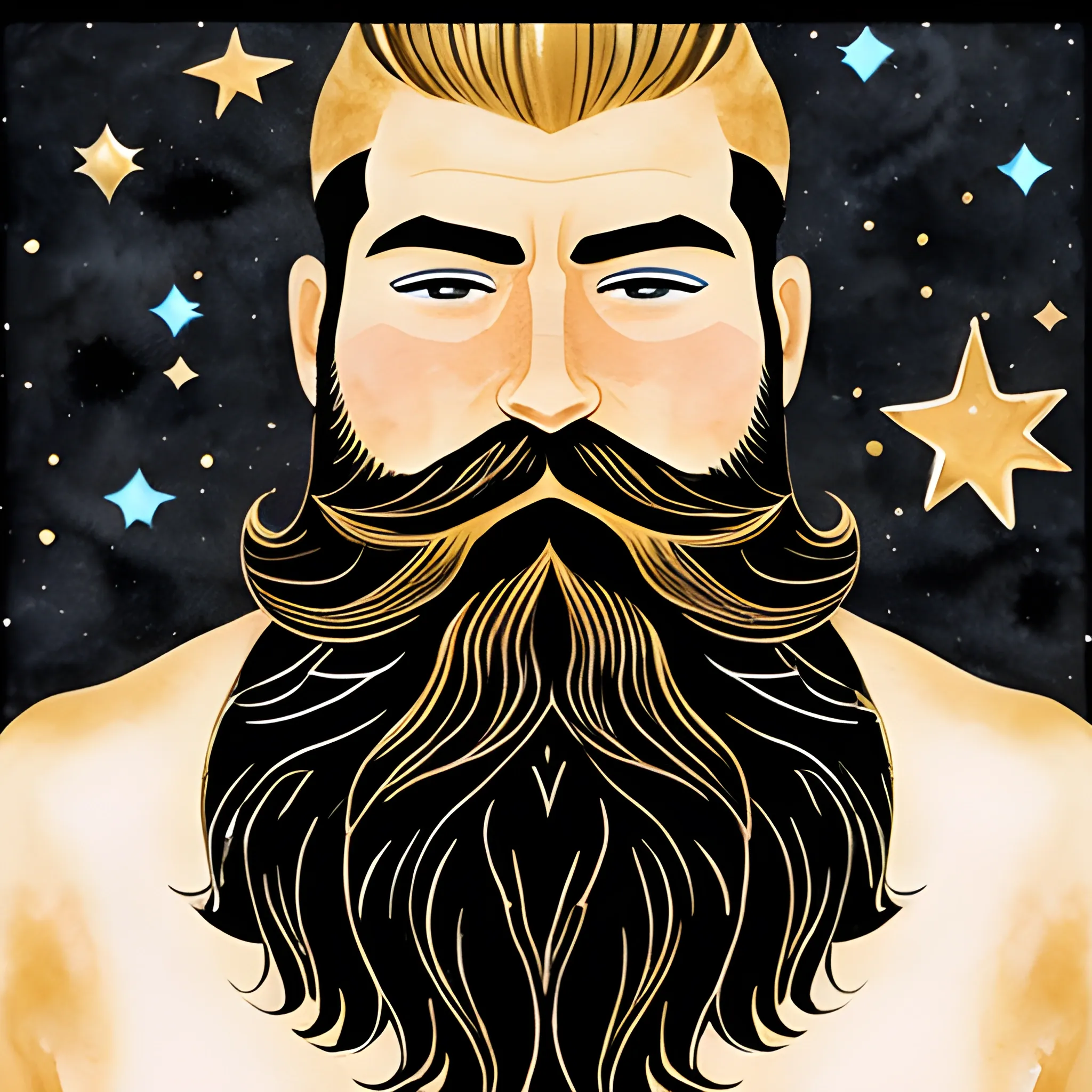 , Water Color man, star, color black and golden river big beard, universe