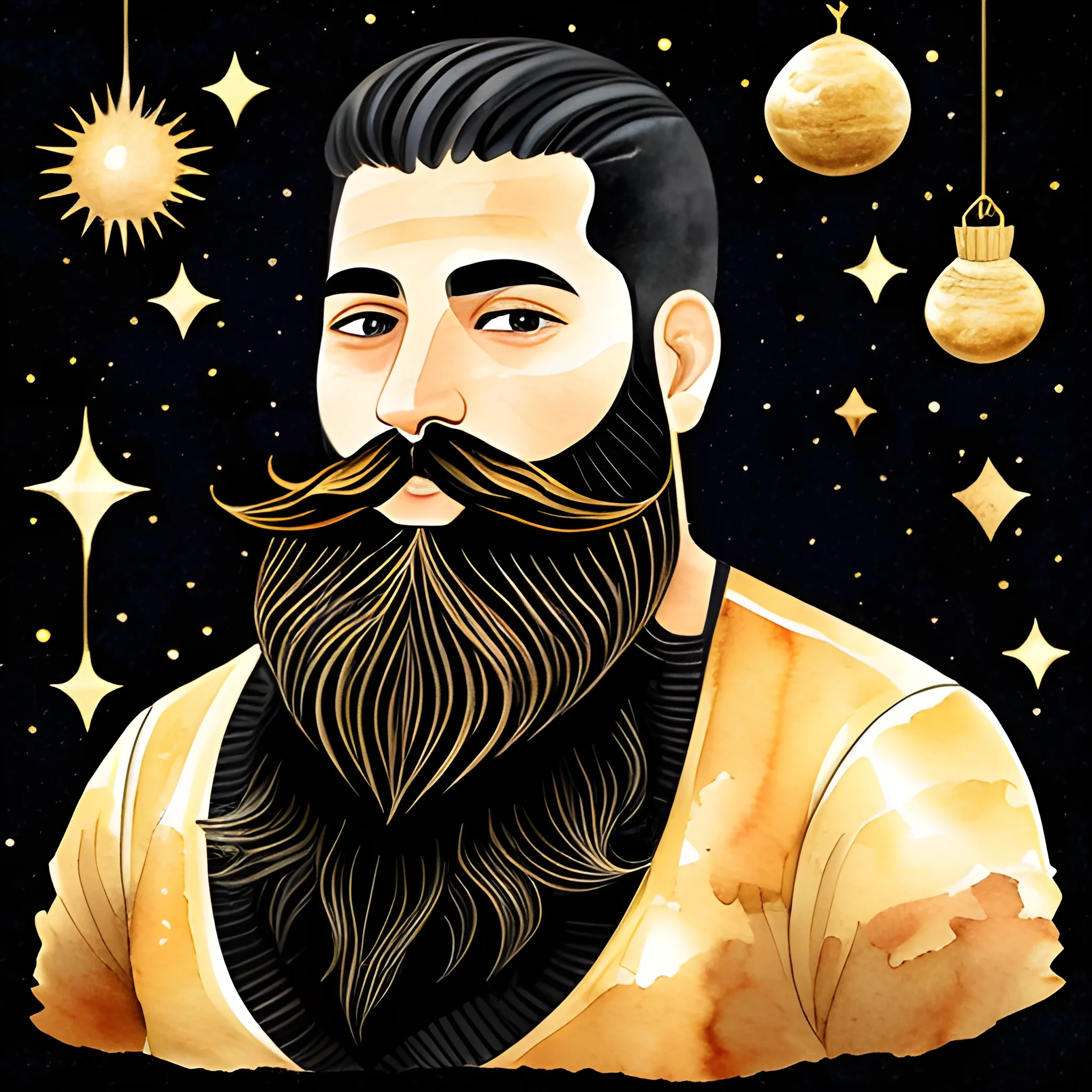 , Water Color man, star, color black and golden river big beard, universe, arabic, mexican