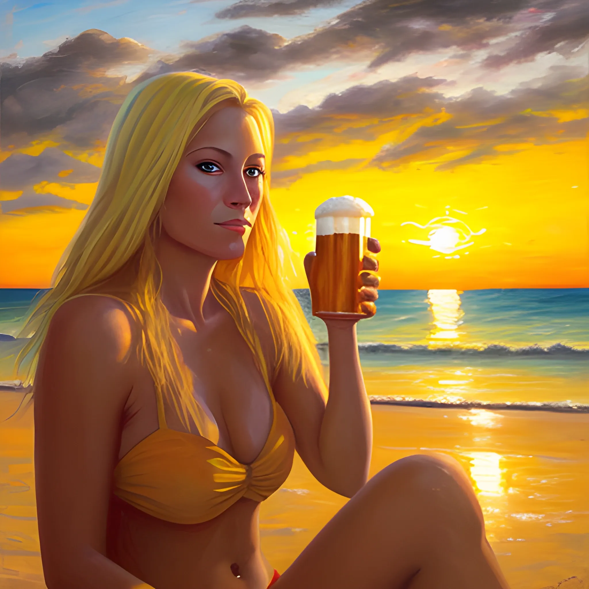 blonde woman with green eyes on an Ecuadorian beach at sunset drinking a beer., , Oil Painting