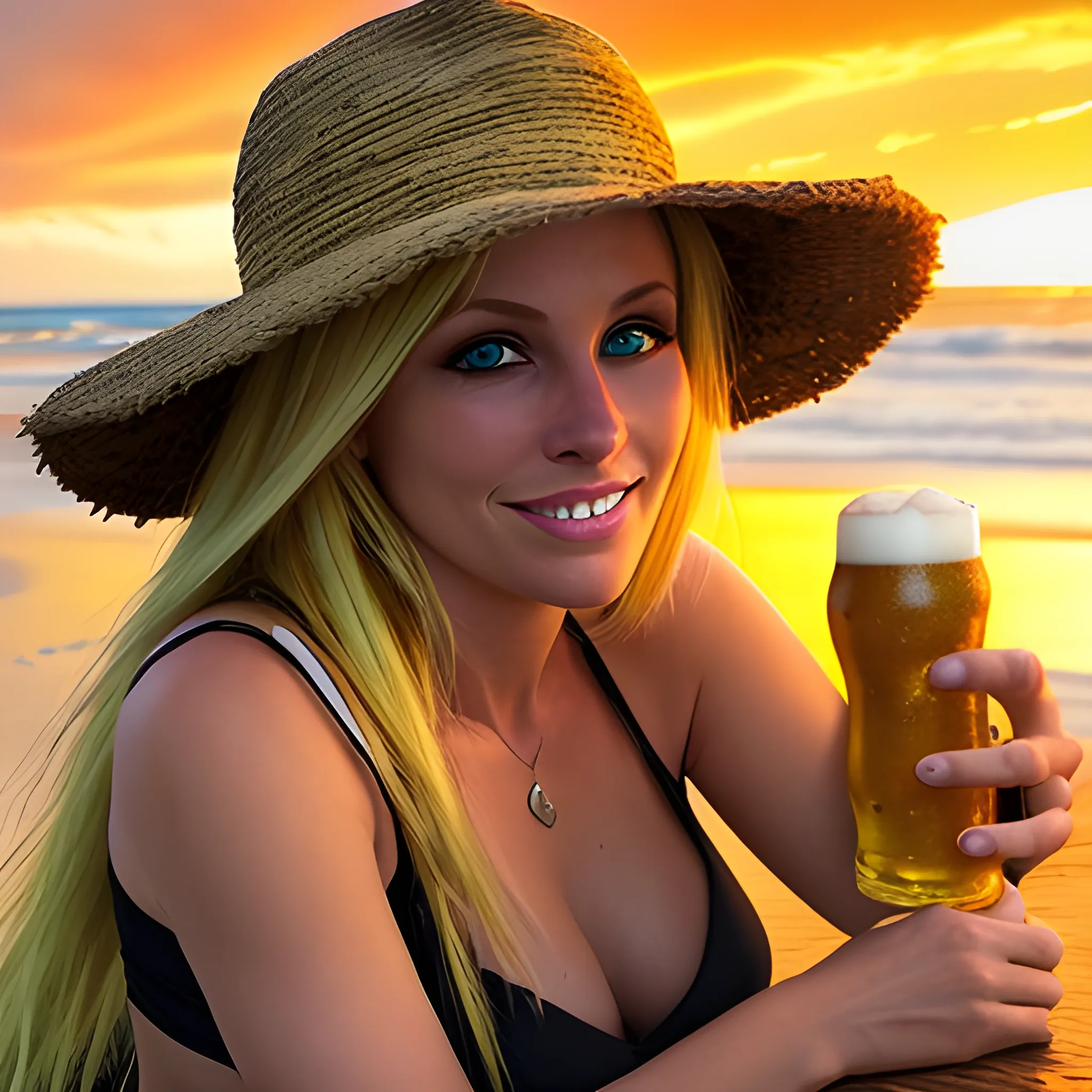 blonde woman with green eyes on an Ecuadorian beach at sunset drinking a beer.