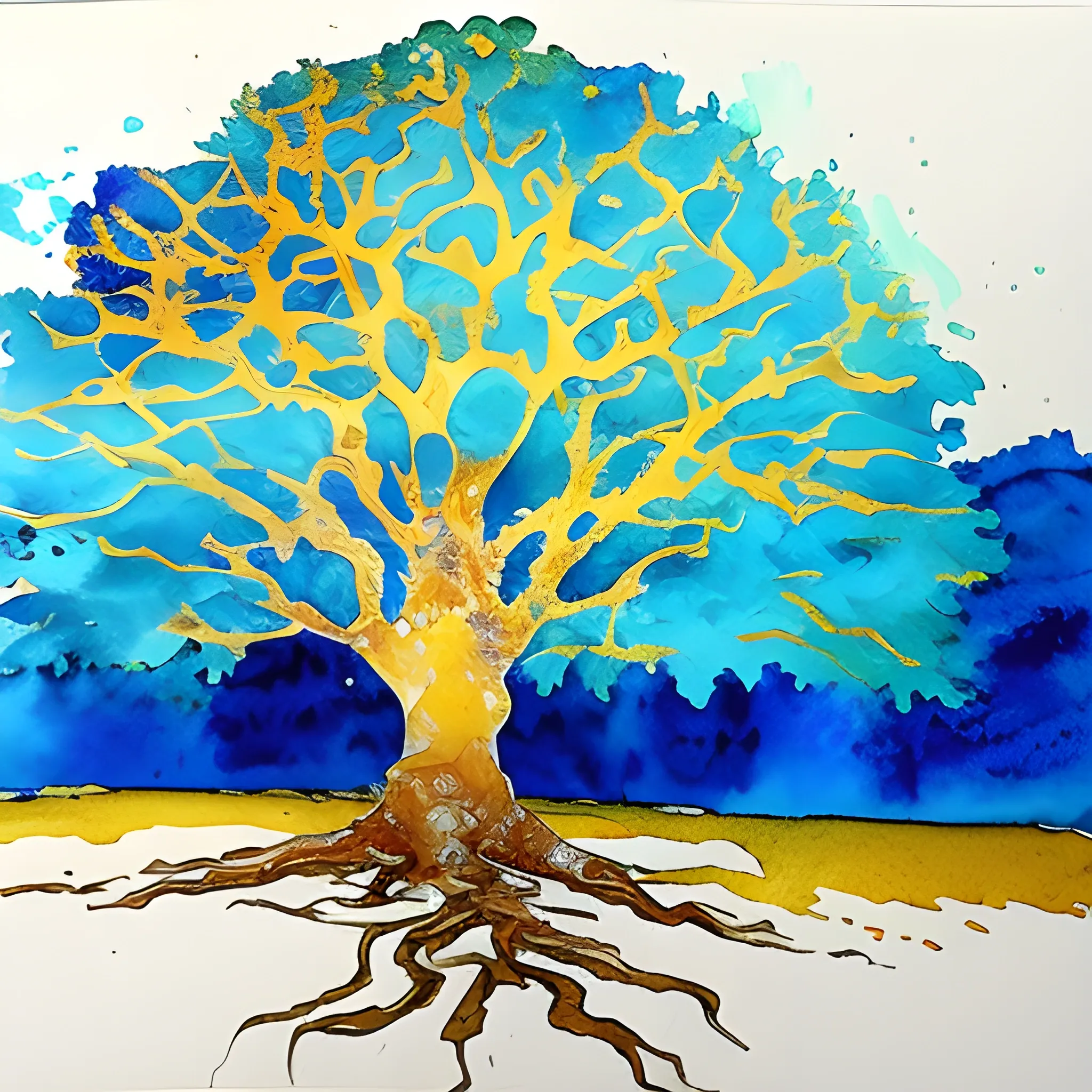 , Water Color, hand, color blue and gold, big tree