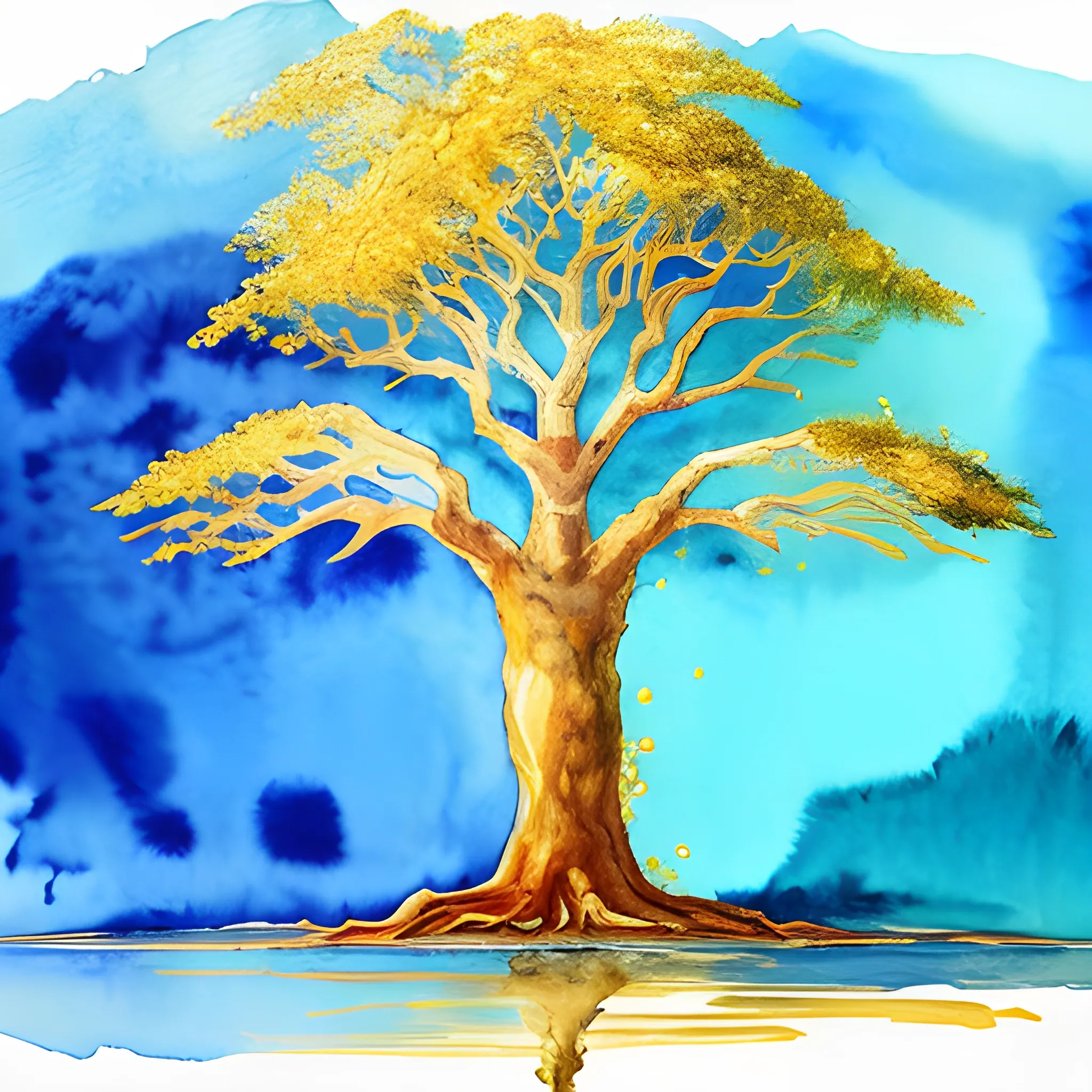 , Water Color, man hand, color blue and gold, big tree