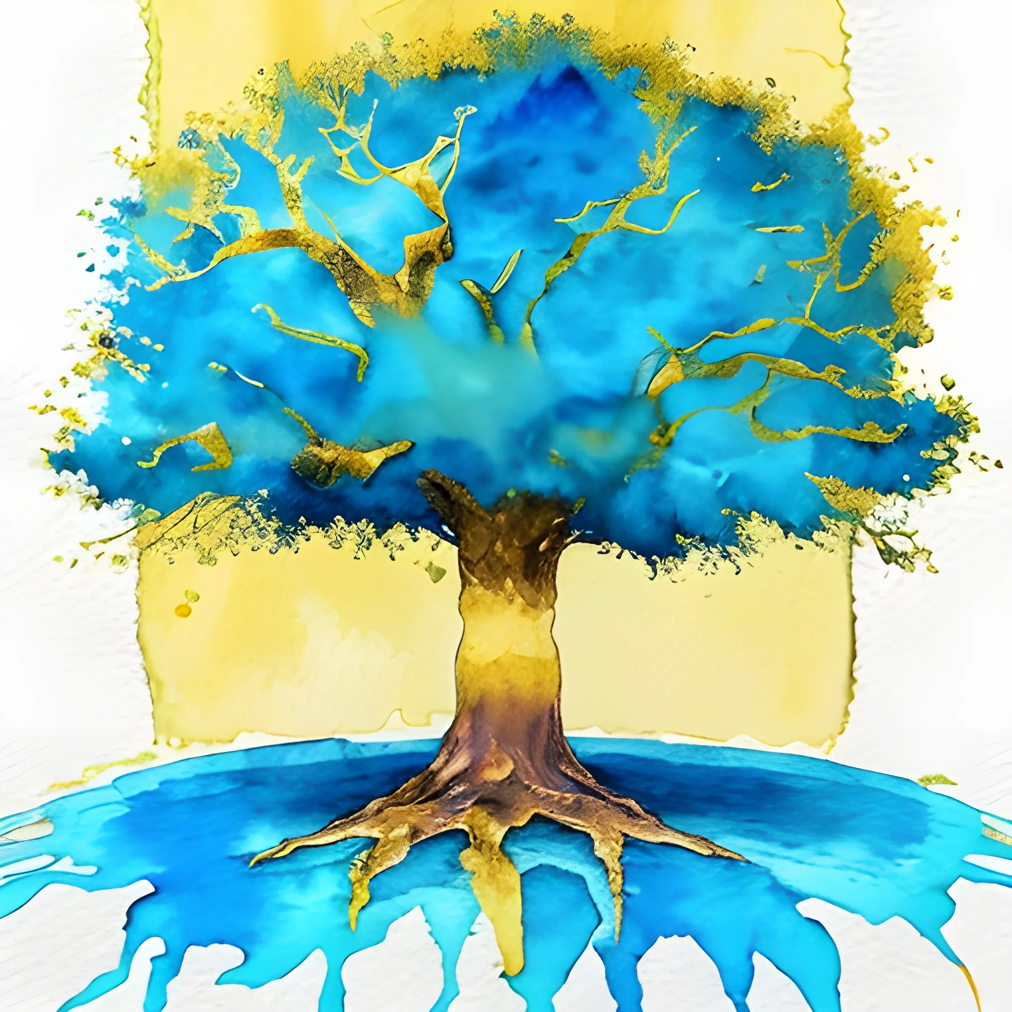 , Water Color, man hand, color blue and gold, big tree