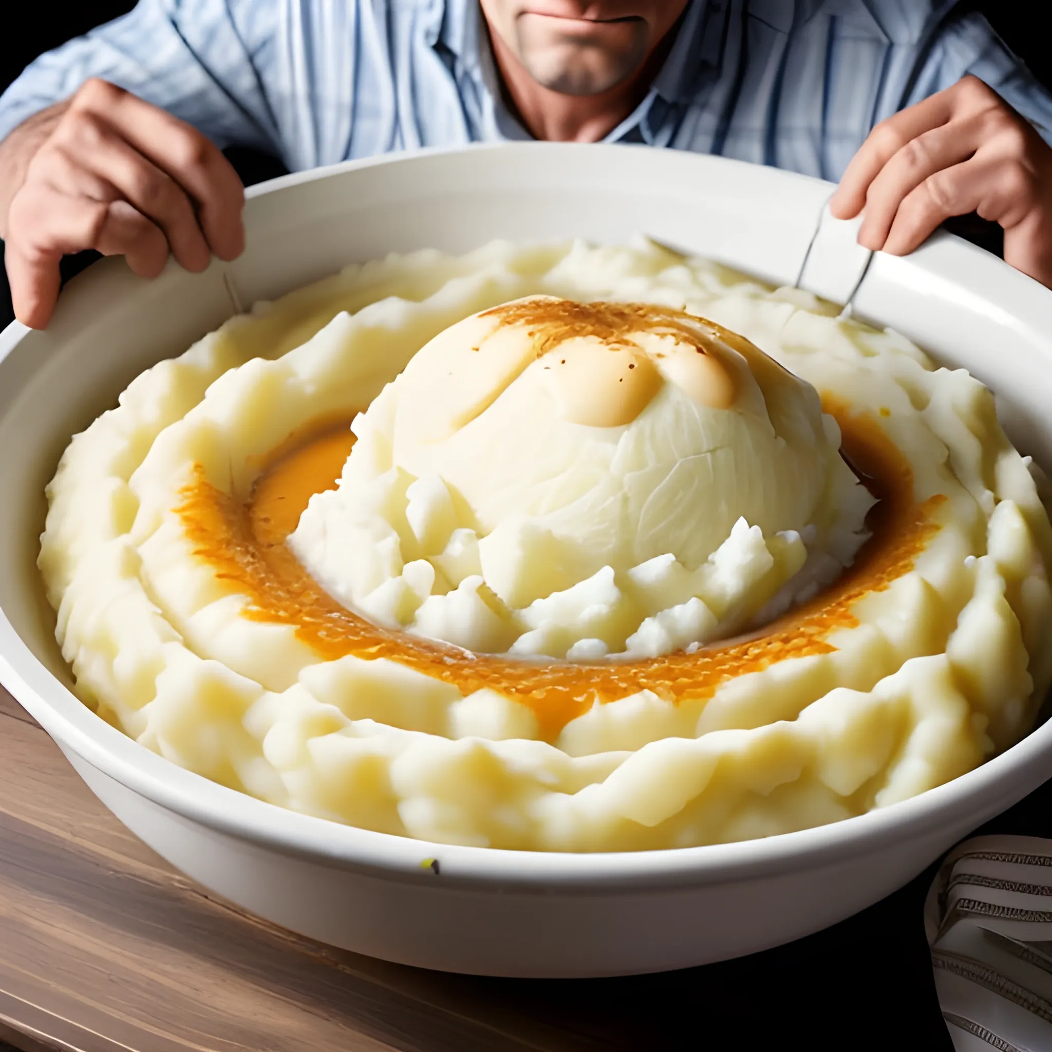 A man is swimming in a giant bowl of mashed potatoes and gravy