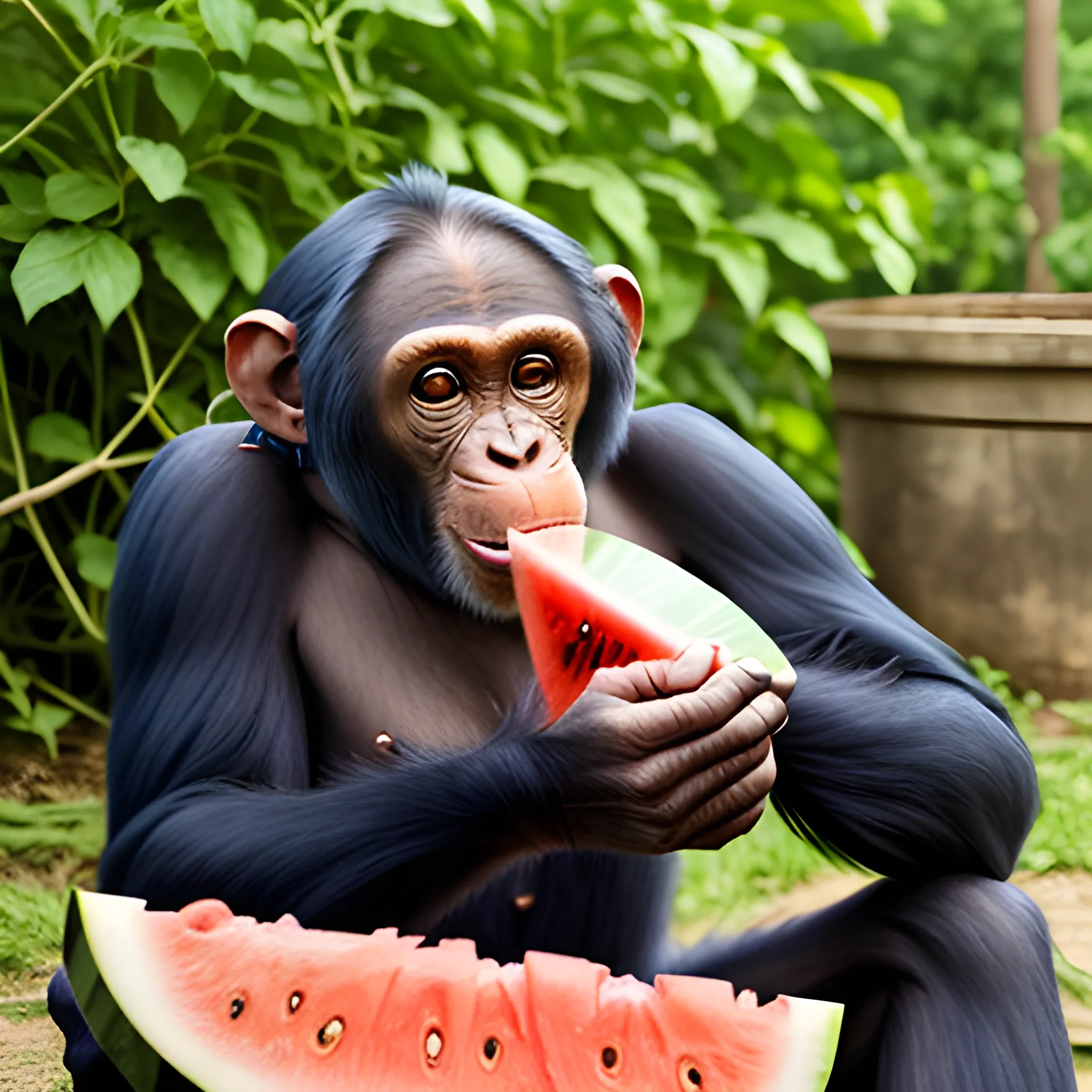 A chimpanzee is eating watermelon 