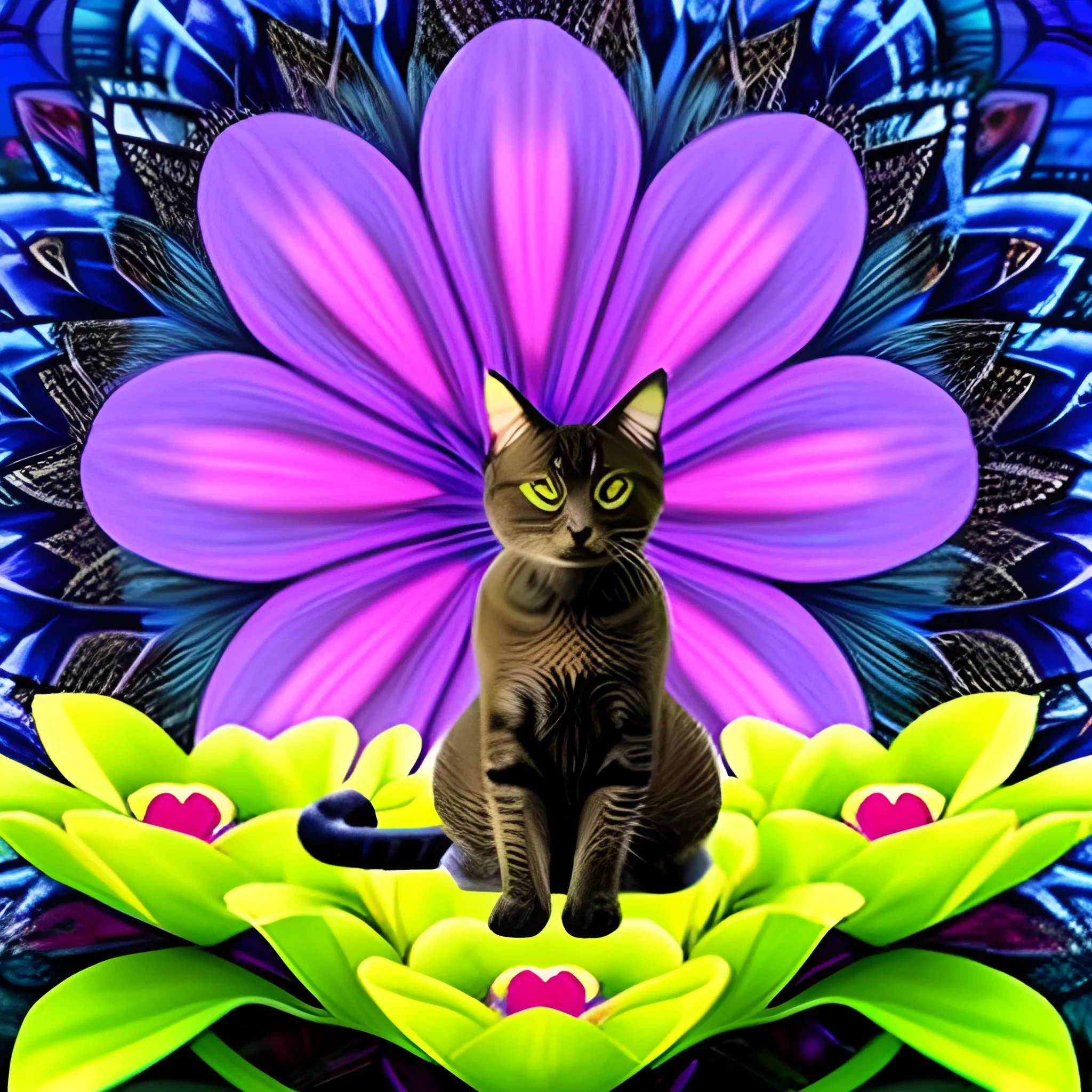 A cat is sitting on a large flower, Trippy