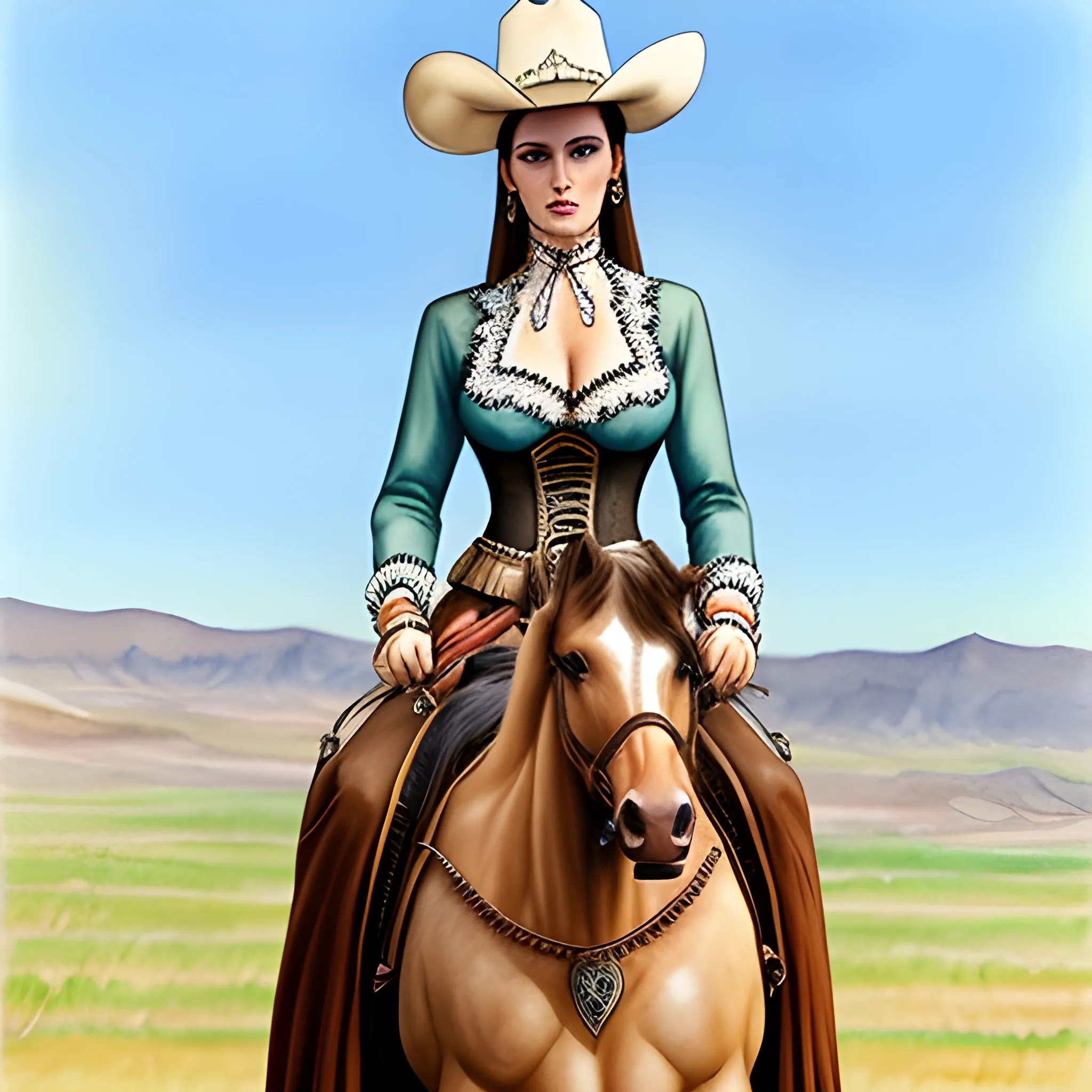 A beautiful western cowgirl, exquisite clothing and accessories, full body shot, Water Color