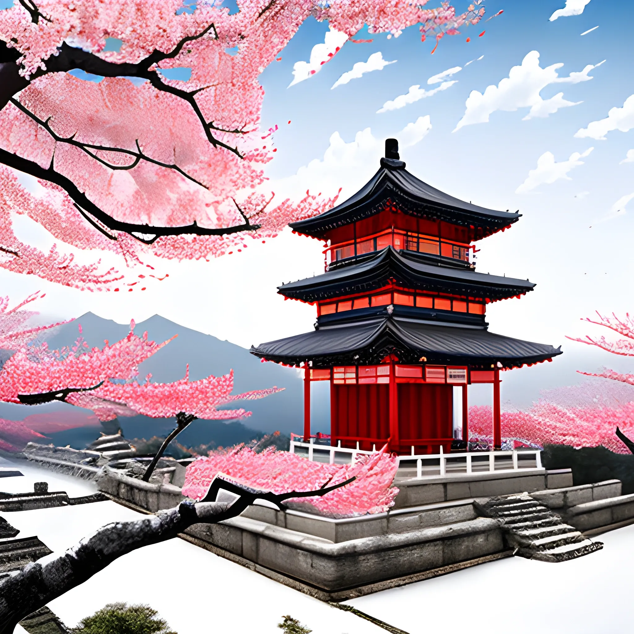 Ancient pagoda from the Song Dynasty in China, white clouds and snowy scenery in the southern sky, red plum blossoms, the ultimate artistic conception, master