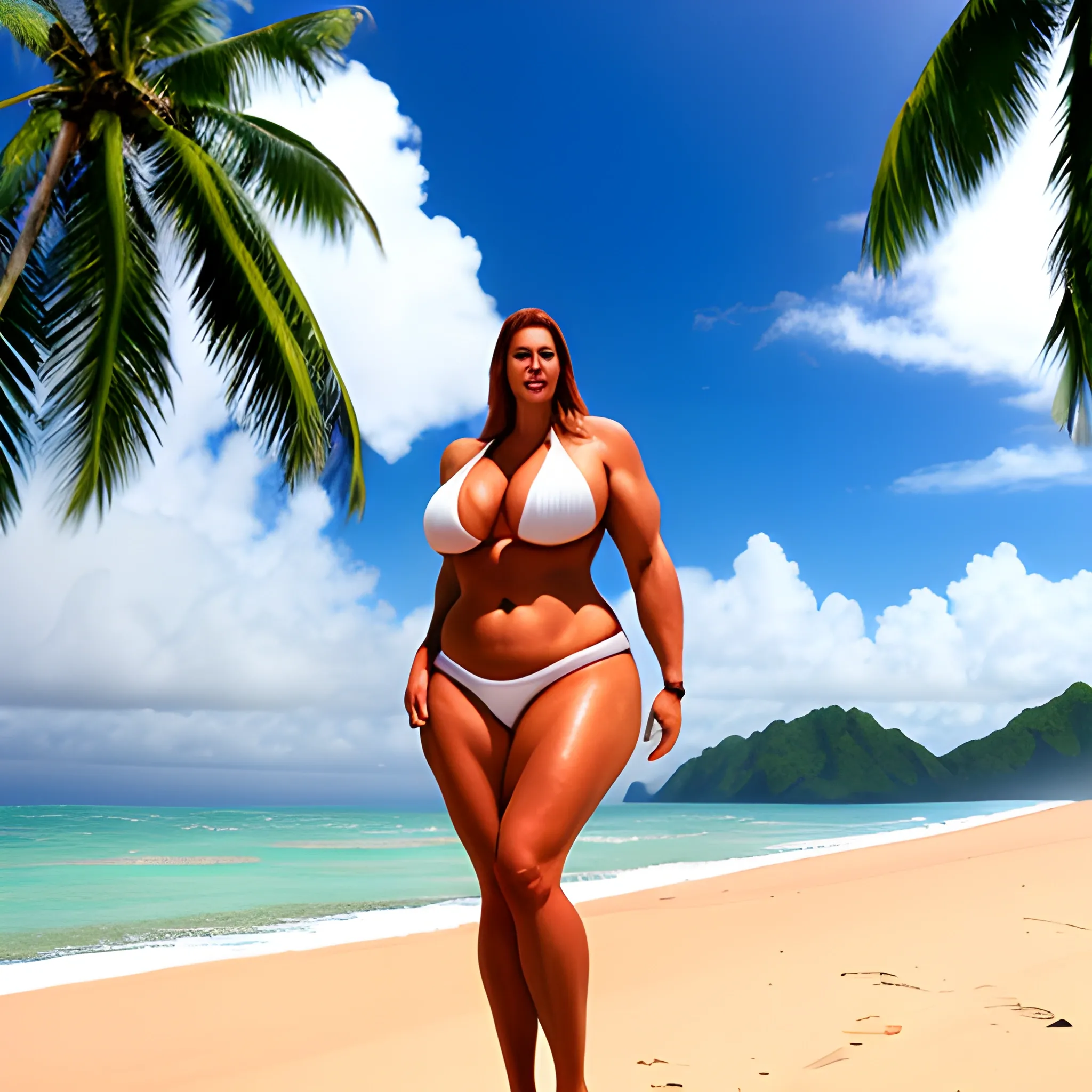 beautiful huge and tall muscular young overweight blonde girl standing on tropical beach looking friendly down from under the clouds 