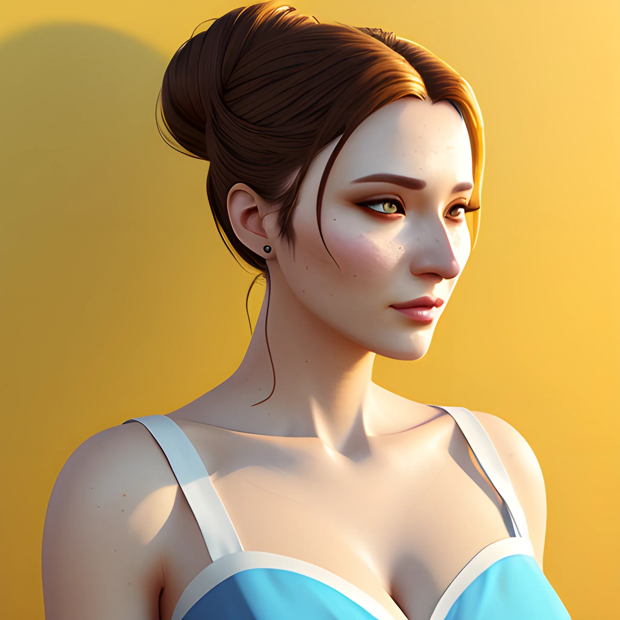  Female portrait, looking straight, hair bun, hair covering face, collarbone, blue dress with tiny white flower pattern, yellow background, sun shine partially on face, unreal engine, 4k, 3D