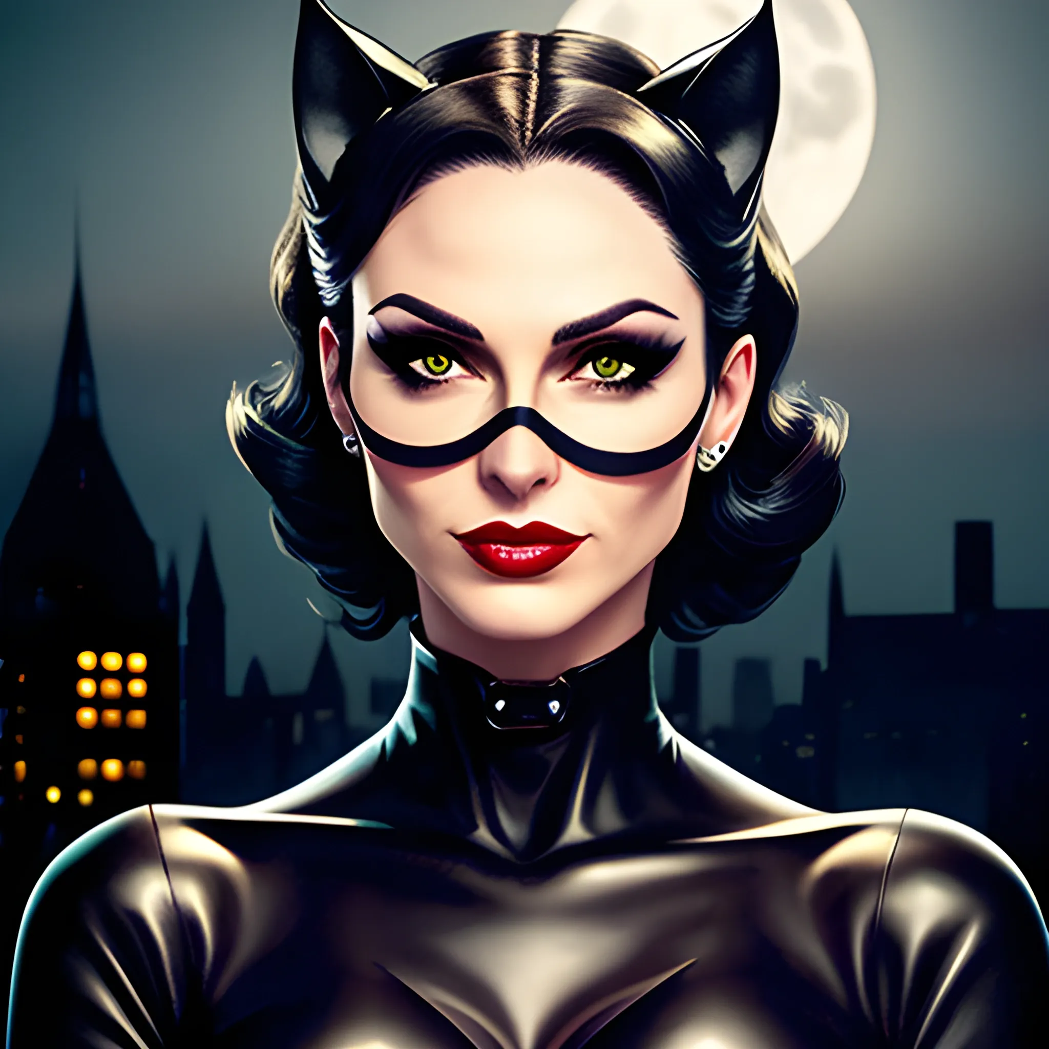Charming young catwoman in strong light night, realistic portrai ...