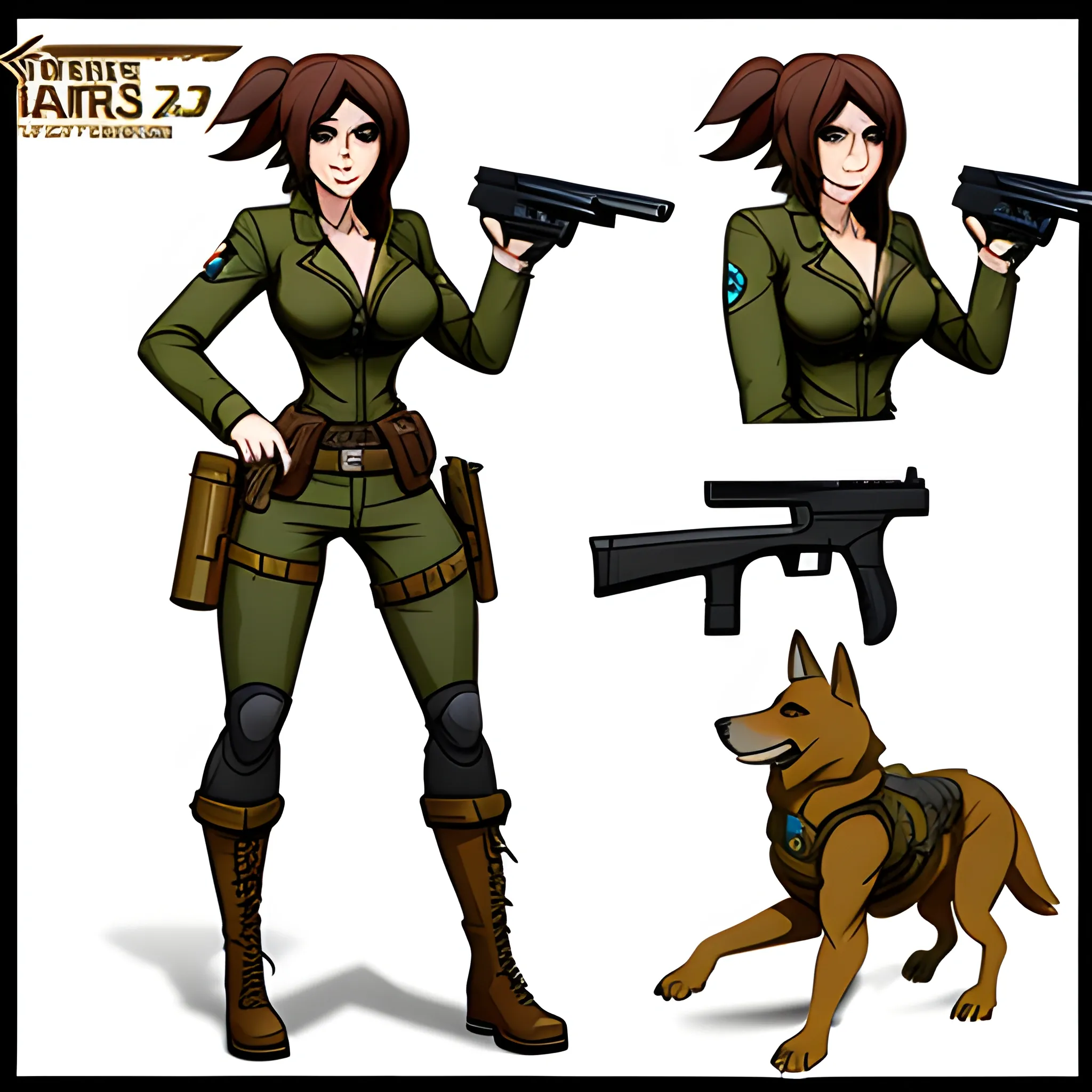 Character for 2D turn based game, a cute girl with a gun with a wardog.