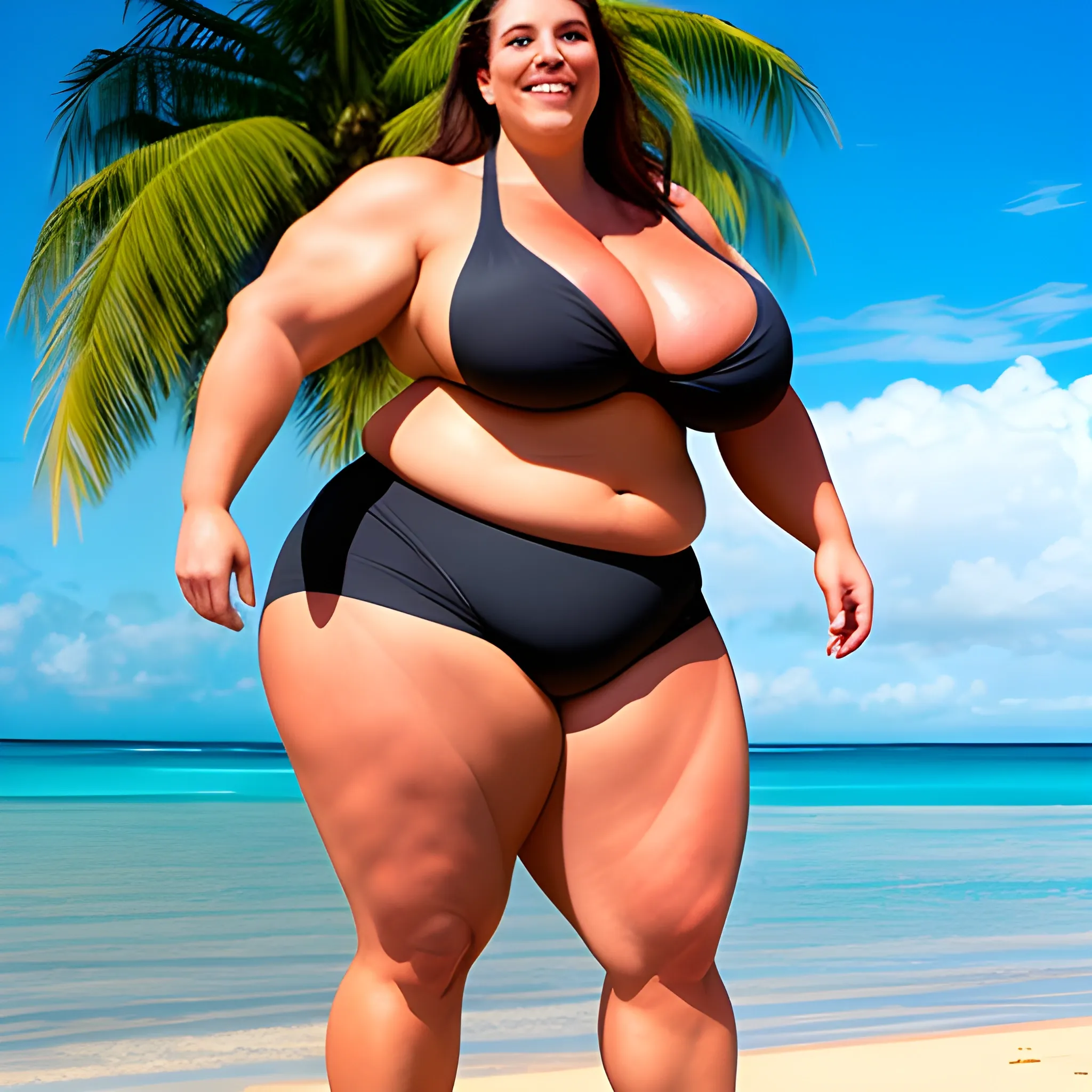 huge and tall massive plus size muscular gently smiling young blonde girl standing on tropical beach