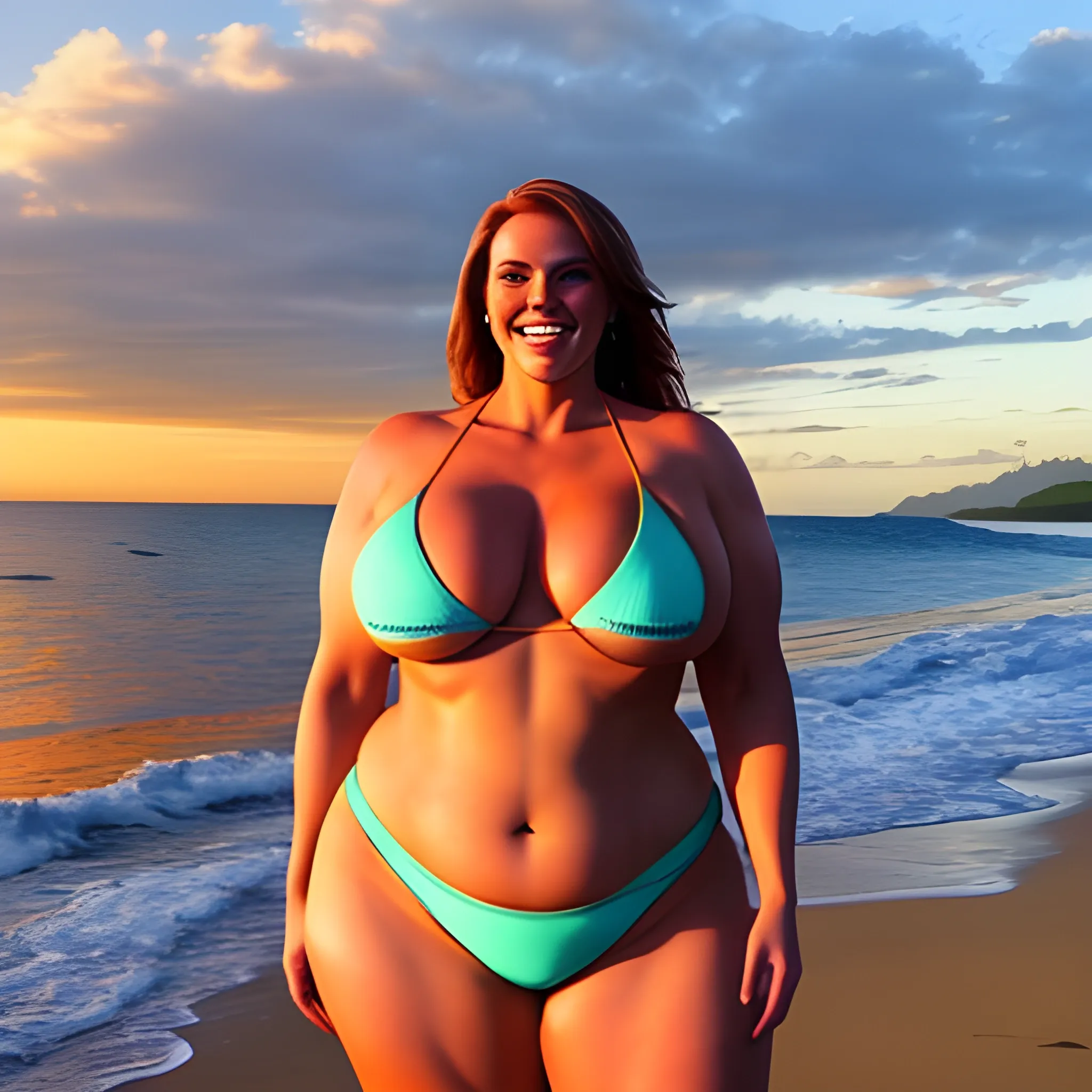 huge and tall massive plus size muscular gently smiling young blonde girl standing on tropical beach at sunset