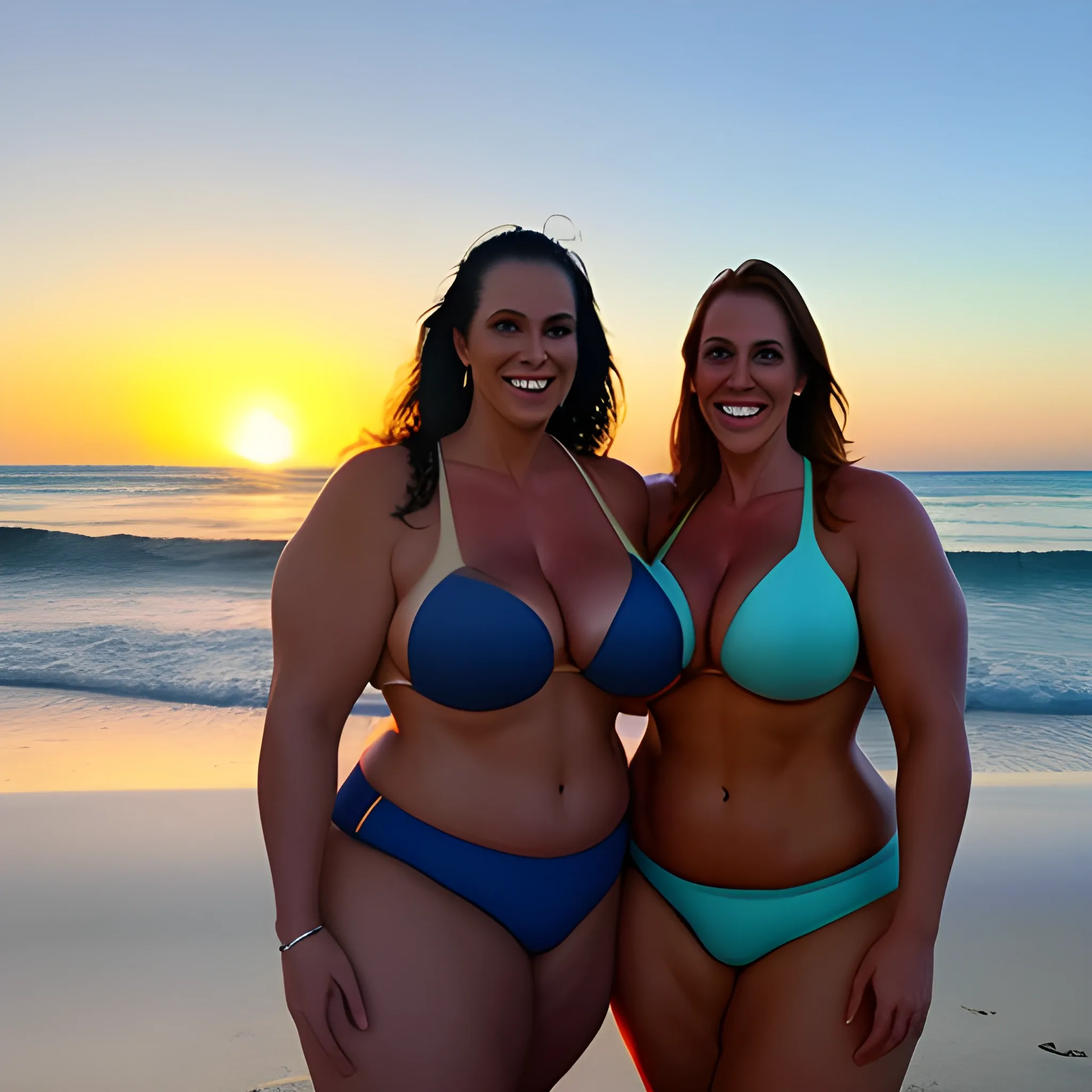 two huge and tall massive plus size muscular gently smiling young blonde girls standing on tropical beach at sunset 