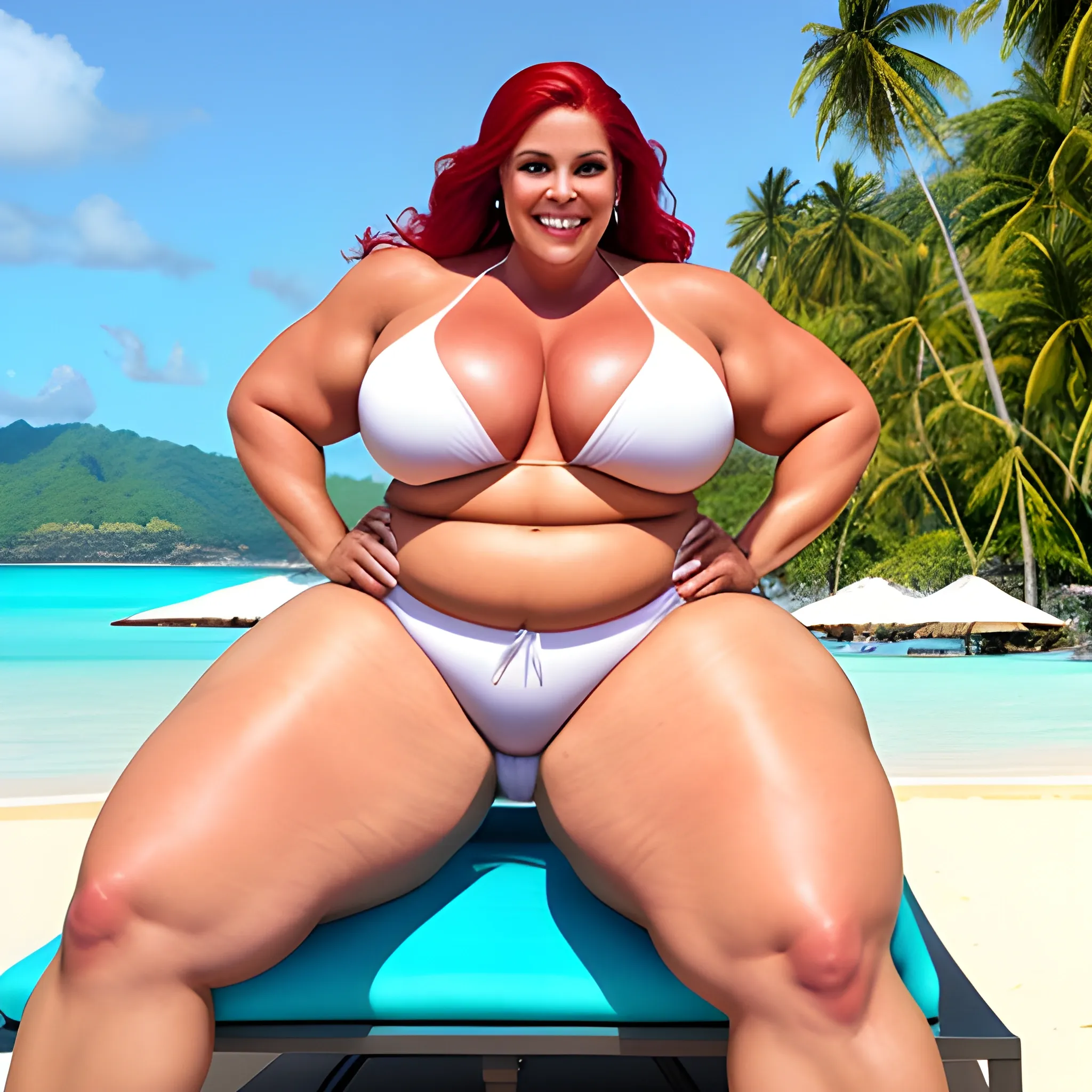 huge and tall massive plus size muscular gently smiling young blonde girl lying on a lounge on tropical beach 