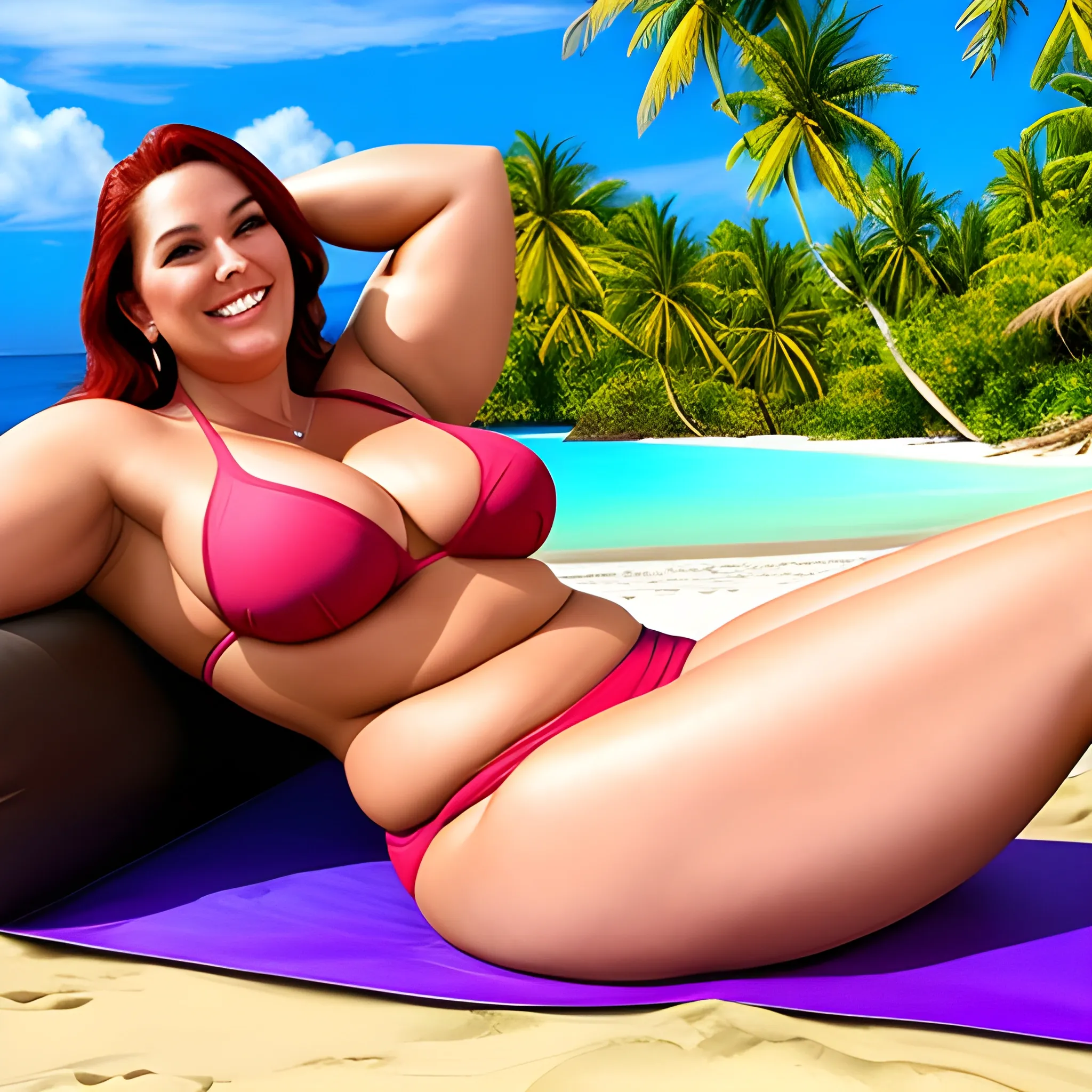 huge and tall massive plus size muscular gently smiling young blonde girl lying on a lounge on tropical beach 