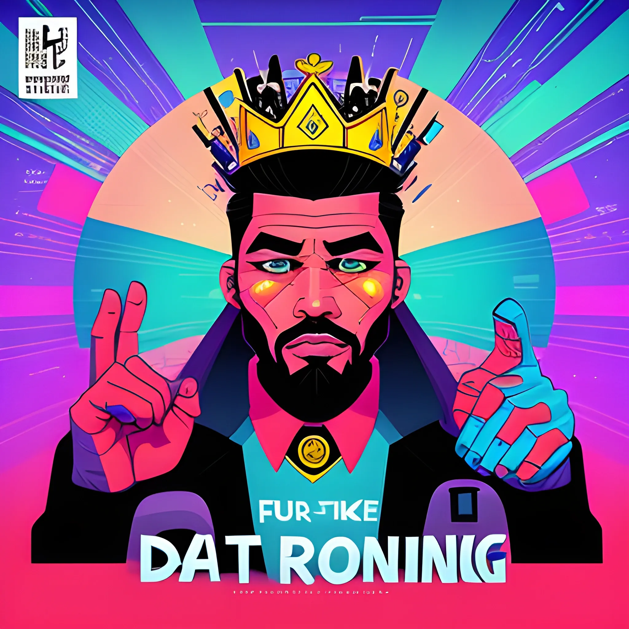 Generate a cover art, future, colorful, modern image, trippy, do not use machines or txt and use really environment, with this concept: “D' king is back”, Cartoon