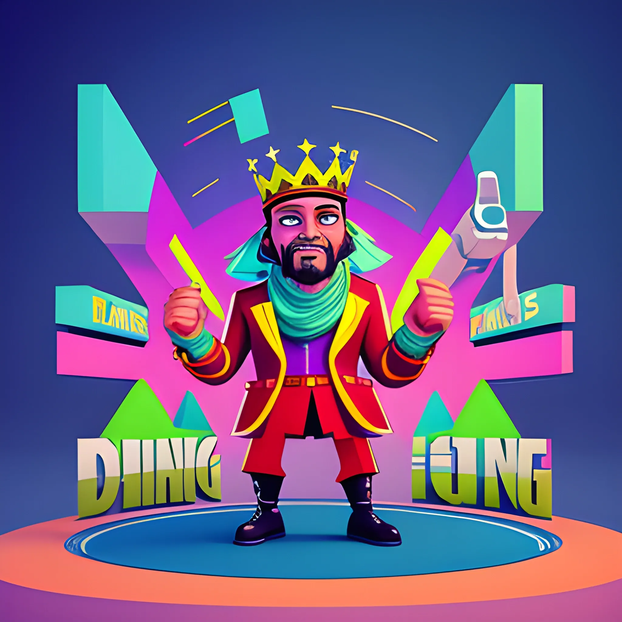 Generate a cover art, future, colorful, modern image, with this concept: “D' king is back”, Cartoon, 3D