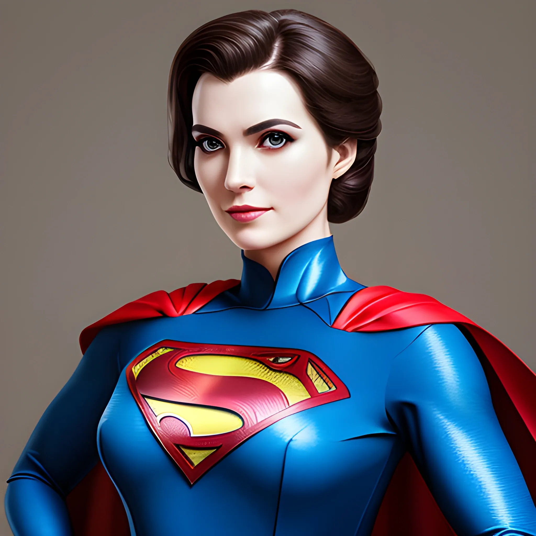 An elegant lady wearing a Superman costume, eye-catching detail, realistic ultra-detailed